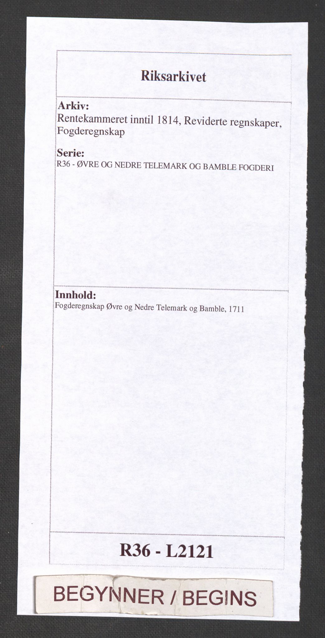 Rentekammeret inntil 1814, Reviderte regnskaper, Fogderegnskap, AV/RA-EA-4092/R36/L2121: Fogderegnskap Øvre og Nedre Telemark og Bamble, 1711, p. 1