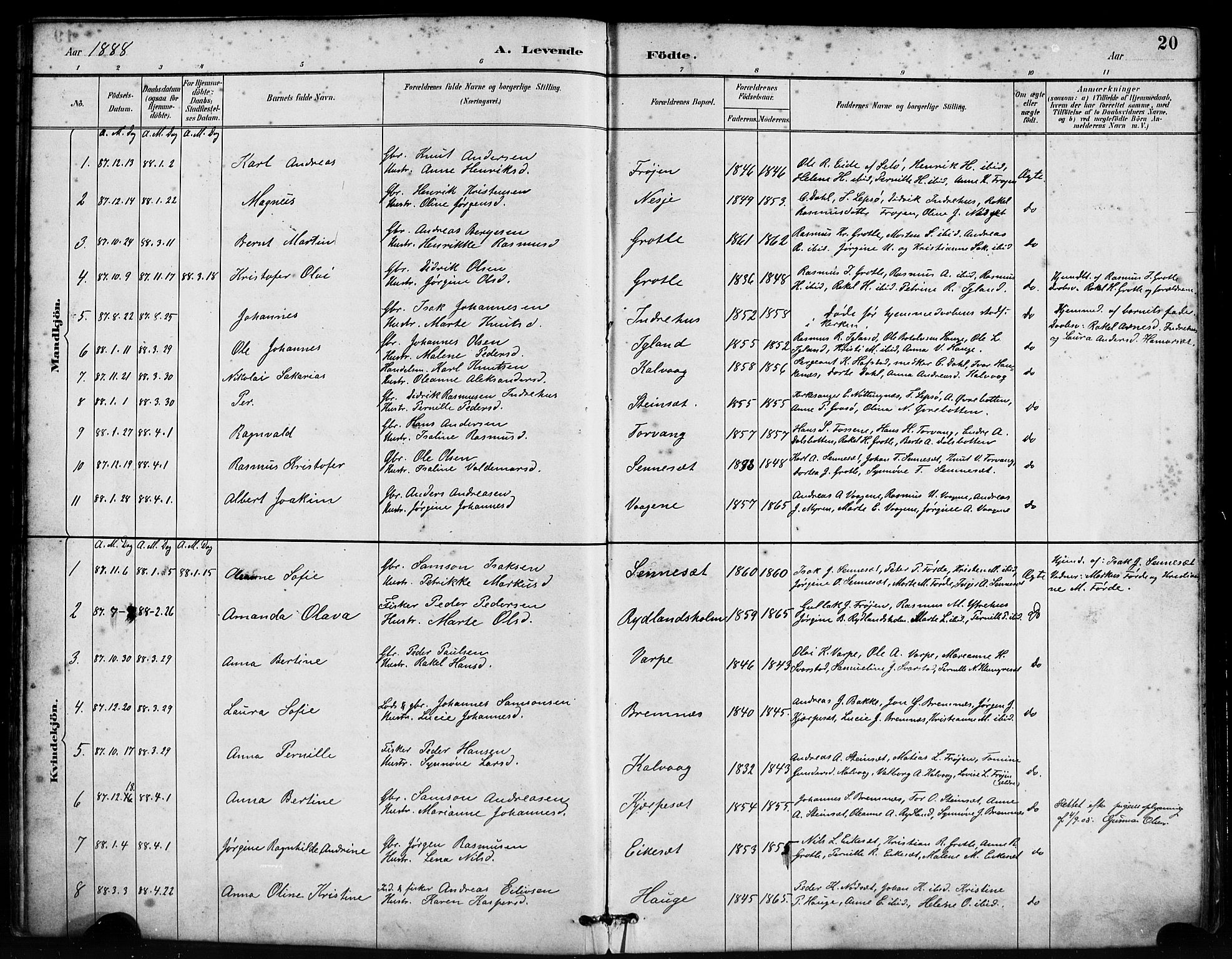 Bremanger sokneprestembete, AV/SAB-A-82201/H/Haa/Haab/L0001: Parish register (official) no. B 1, 1884-1895, p. 20