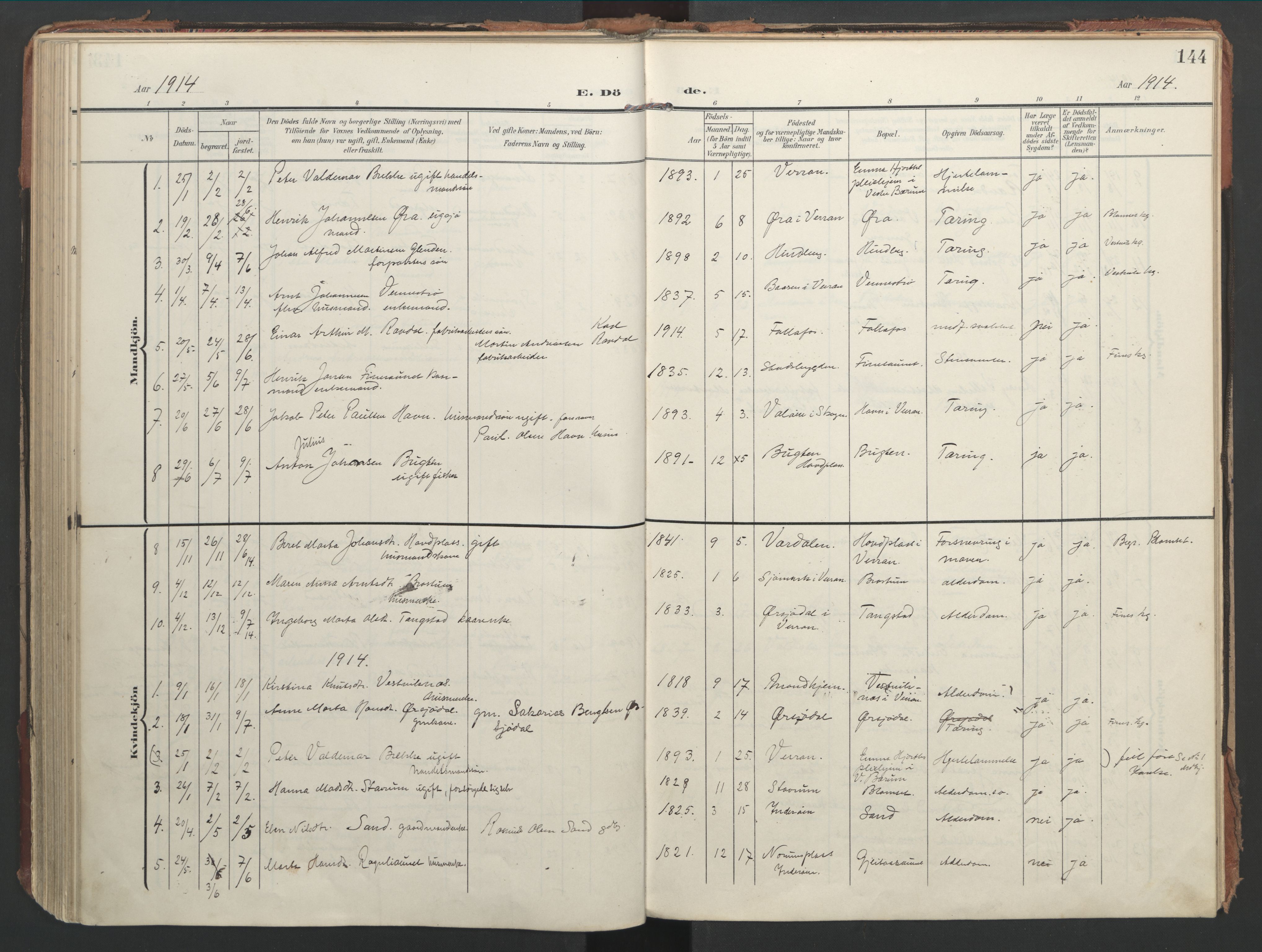 Ministerialprotokoller, klokkerbøker og fødselsregistre - Nord-Trøndelag, SAT/A-1458/744/L0421: Parish register (official) no. 744A05, 1905-1930, p. 144