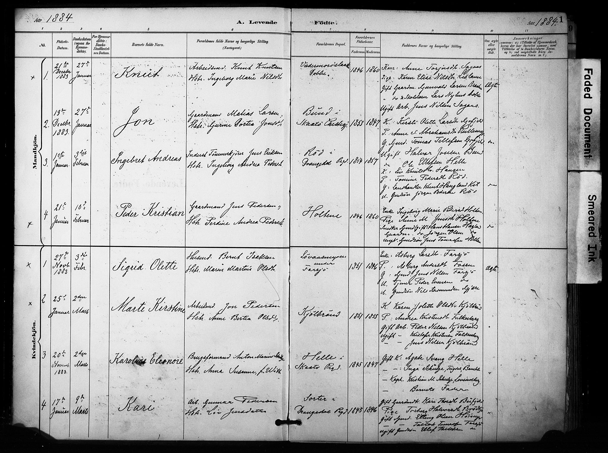 Sannidal kirkebøker, SAKO/A-296/F/Fa/L0015: Parish register (official) no. 15, 1884-1899, p. 1