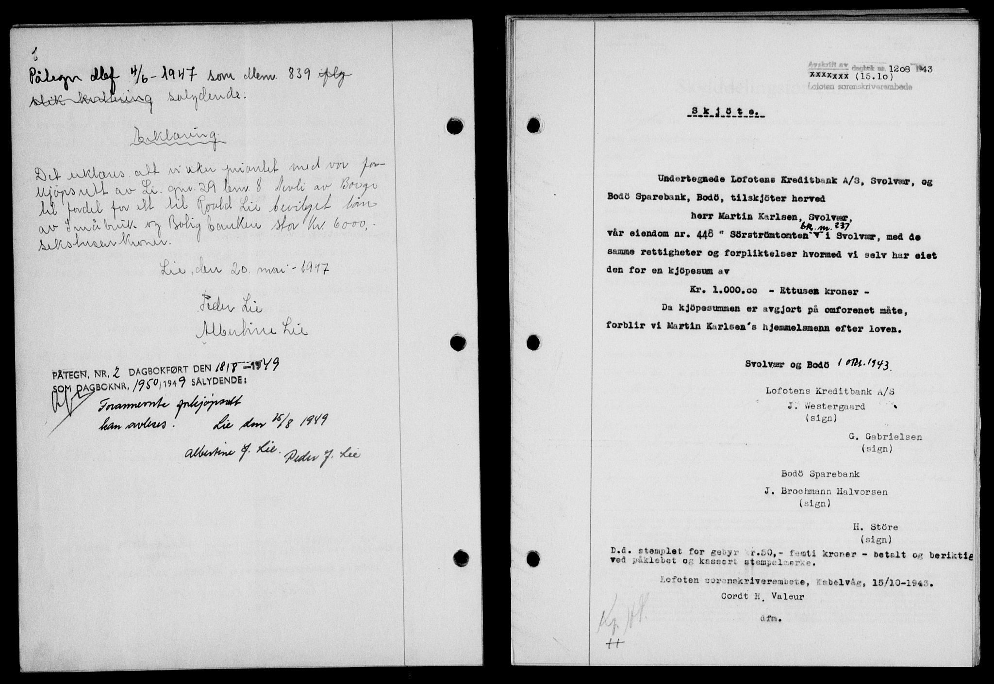 Lofoten sorenskriveri, SAT/A-0017/1/2/2C/L0011a: Mortgage book no. 11a, 1943-1943, Diary no: : 1208/1943