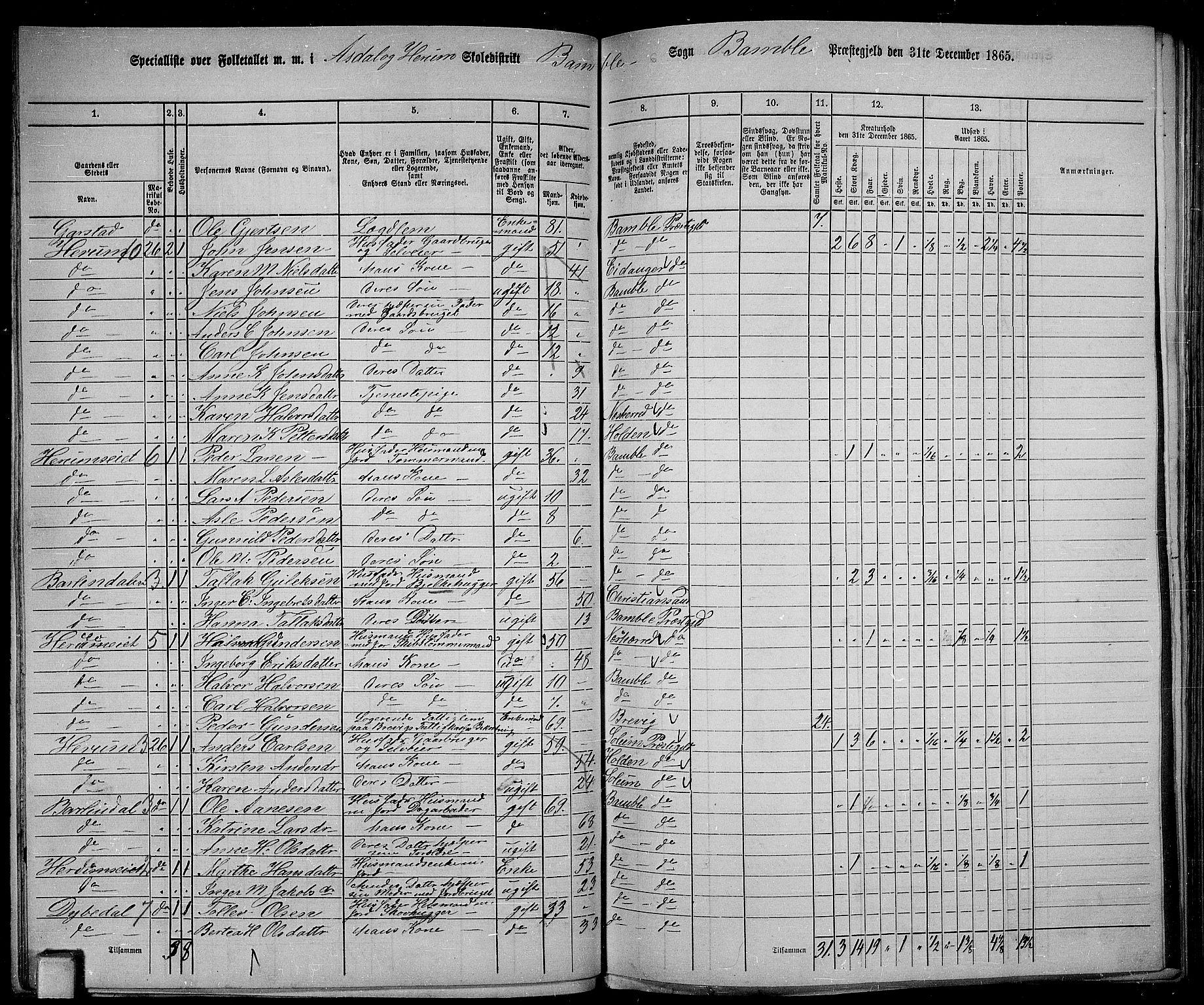 RA, 1865 census for Bamble, 1865, p. 54