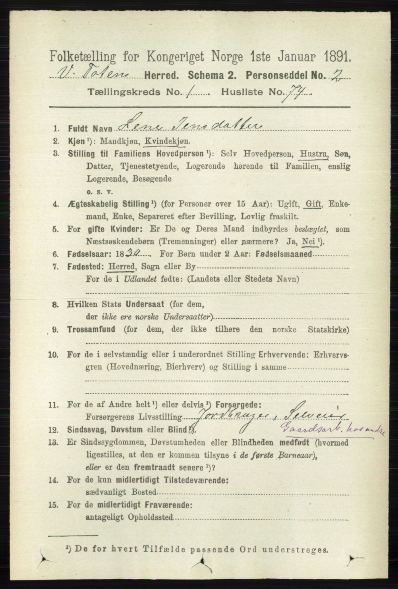 RA, 1891 census for 0529 Vestre Toten, 1891, p. 835