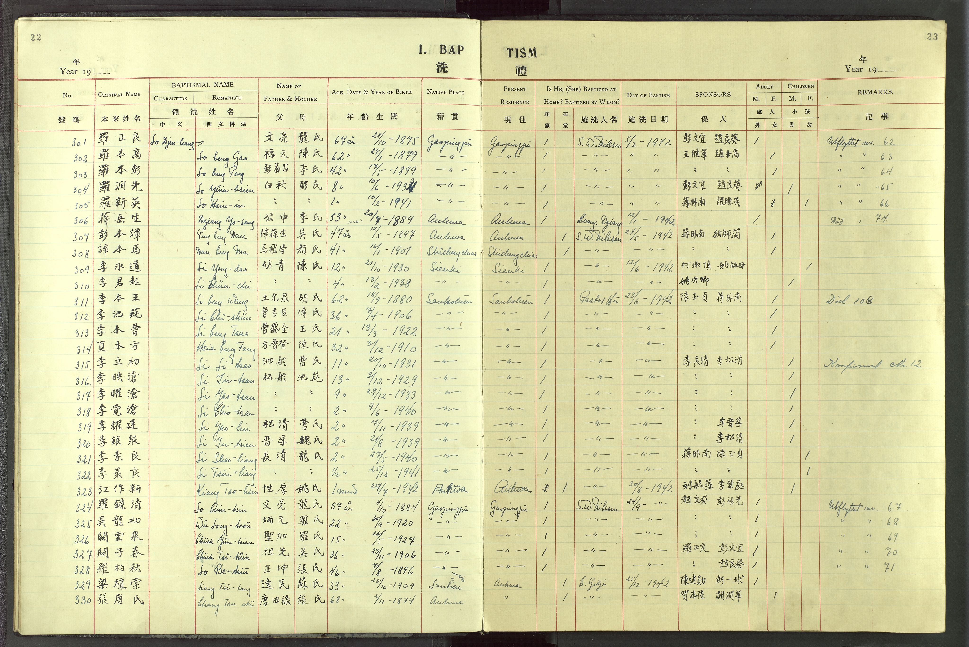 Det Norske Misjonsselskap - utland - Kina (Hunan), VID/MA-A-1065/Dm/L0087: Parish register (official) no. 125, 1906-1948, p. 22-23