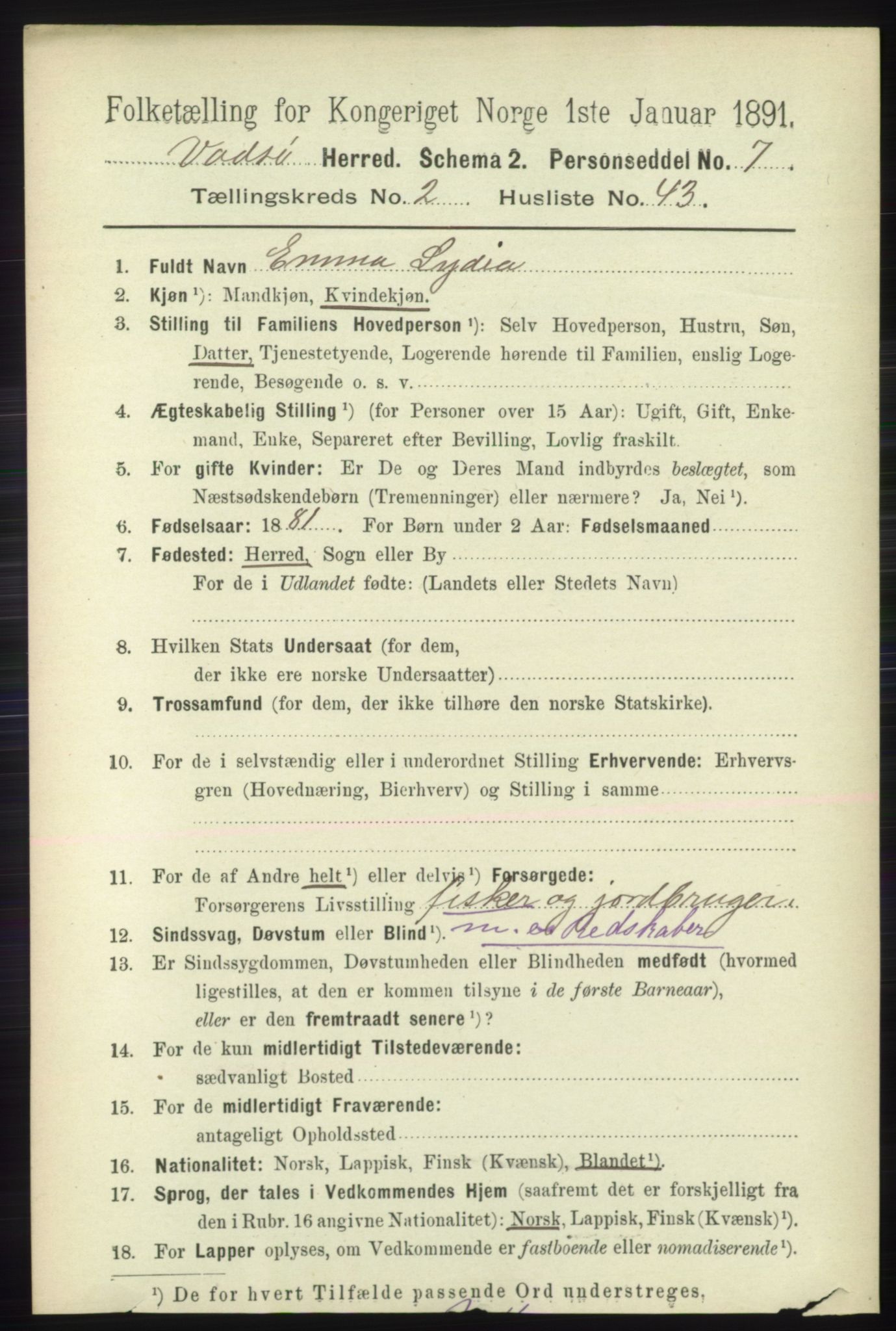 RA, 1891 census for 2029 Vadsø, 1891, p. 734