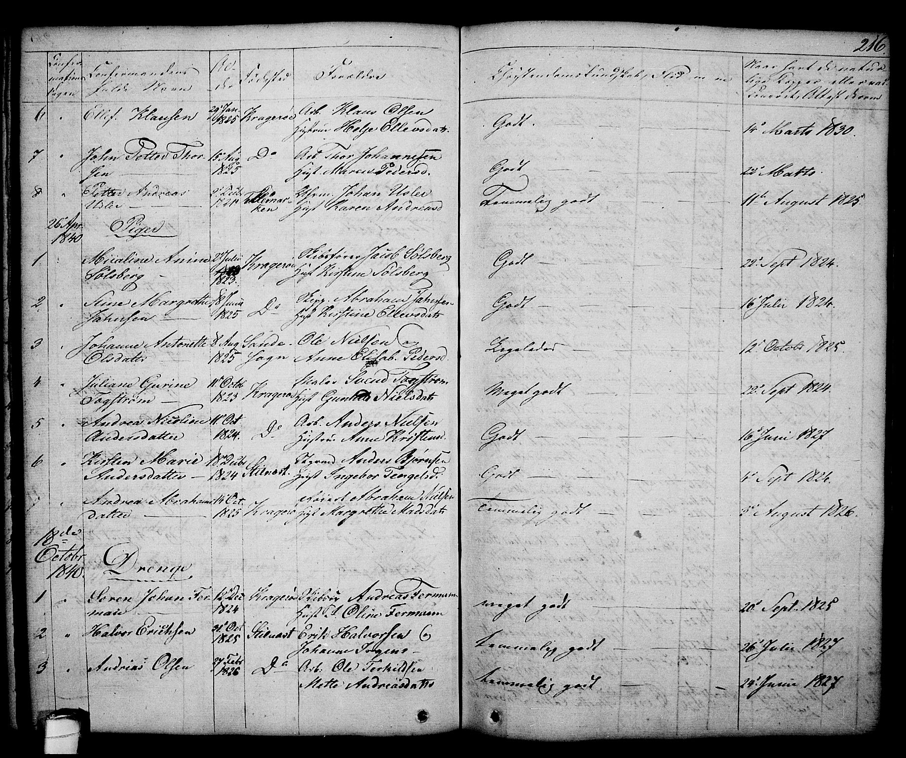 Kragerø kirkebøker, SAKO/A-278/G/Ga/L0003: Parish register (copy) no. 3, 1832-1852, p. 216