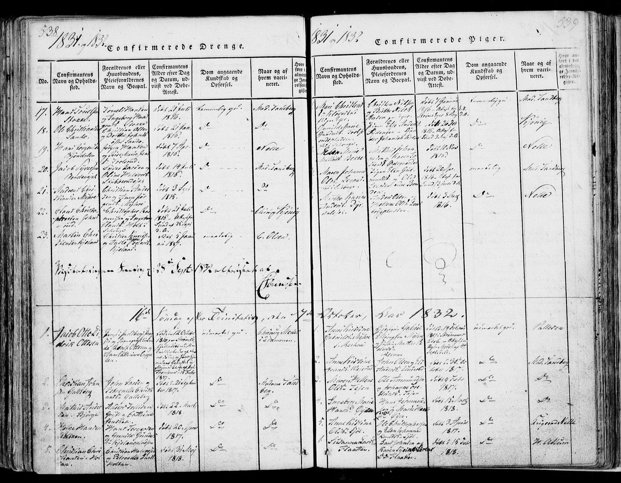 Sande Kirkebøker, AV/SAKO-A-53/F/Fa/L0003: Parish register (official) no. 3, 1814-1847, p. 538-539