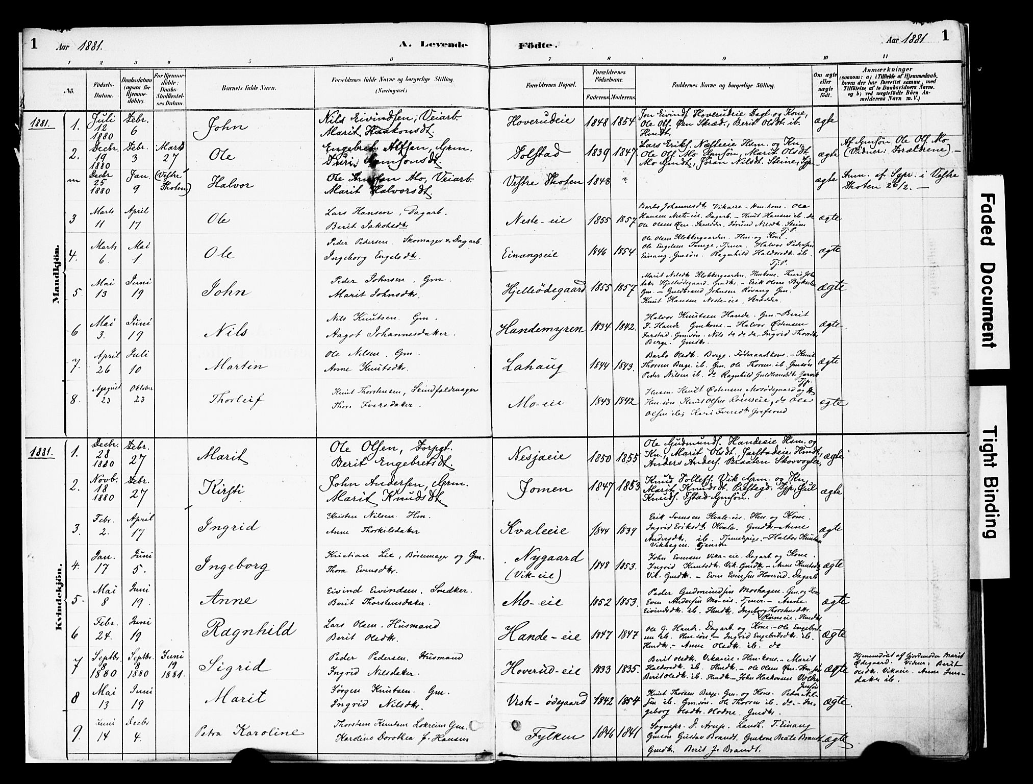 Vestre Slidre prestekontor, AV/SAH-PREST-136/H/Ha/Haa/L0004: Parish register (official) no. 4, 1881-1911, p. 1