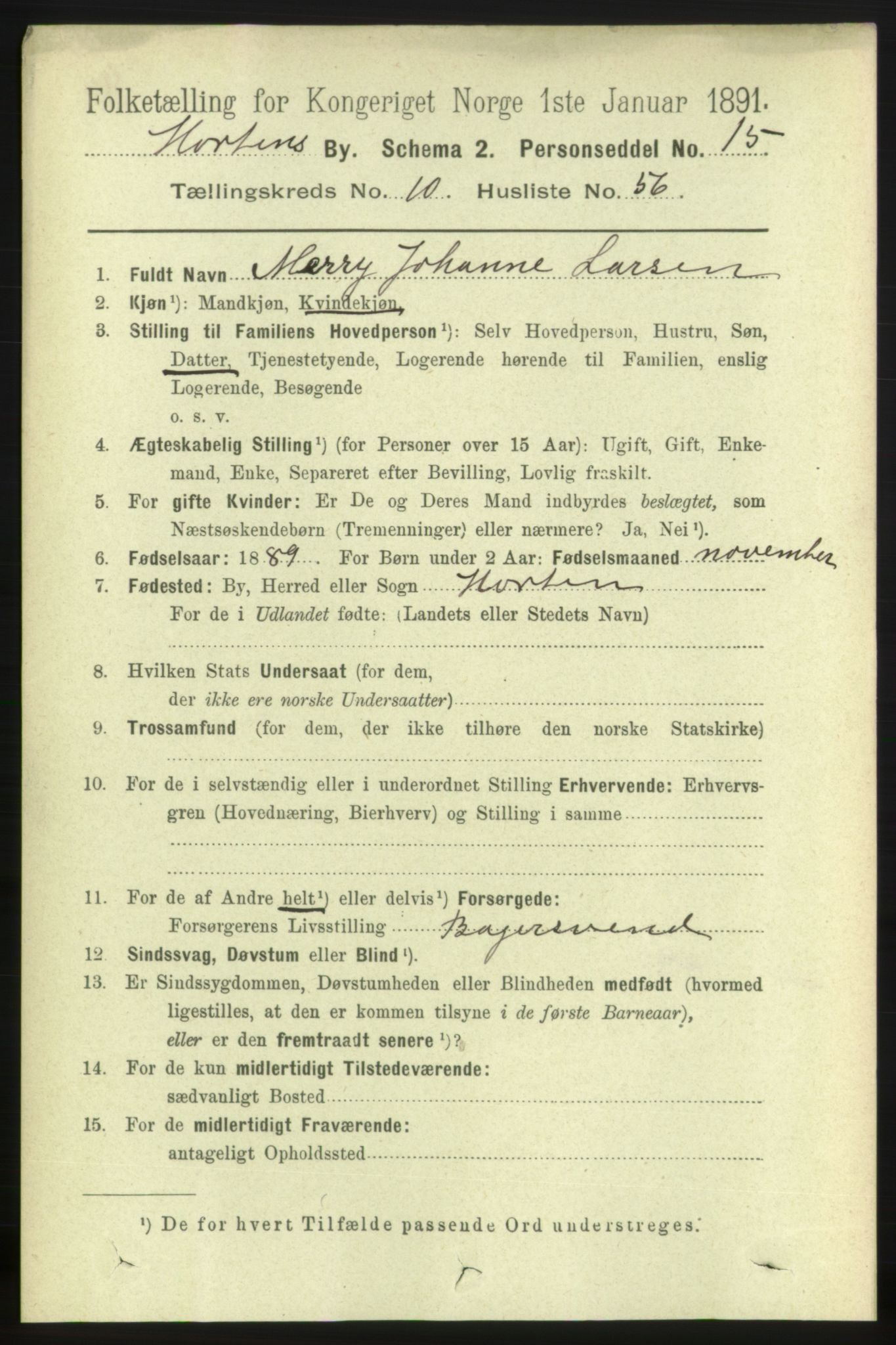 RA, 1891 census for 0703 Horten, 1891, p. 6550