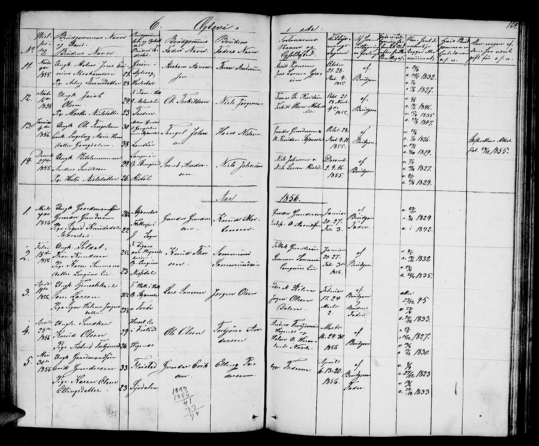 Austre Moland sokneprestkontor, AV/SAK-1111-0001/F/Fb/Fba/L0001: Parish register (copy) no. B 1, 1842-1868, p. 164