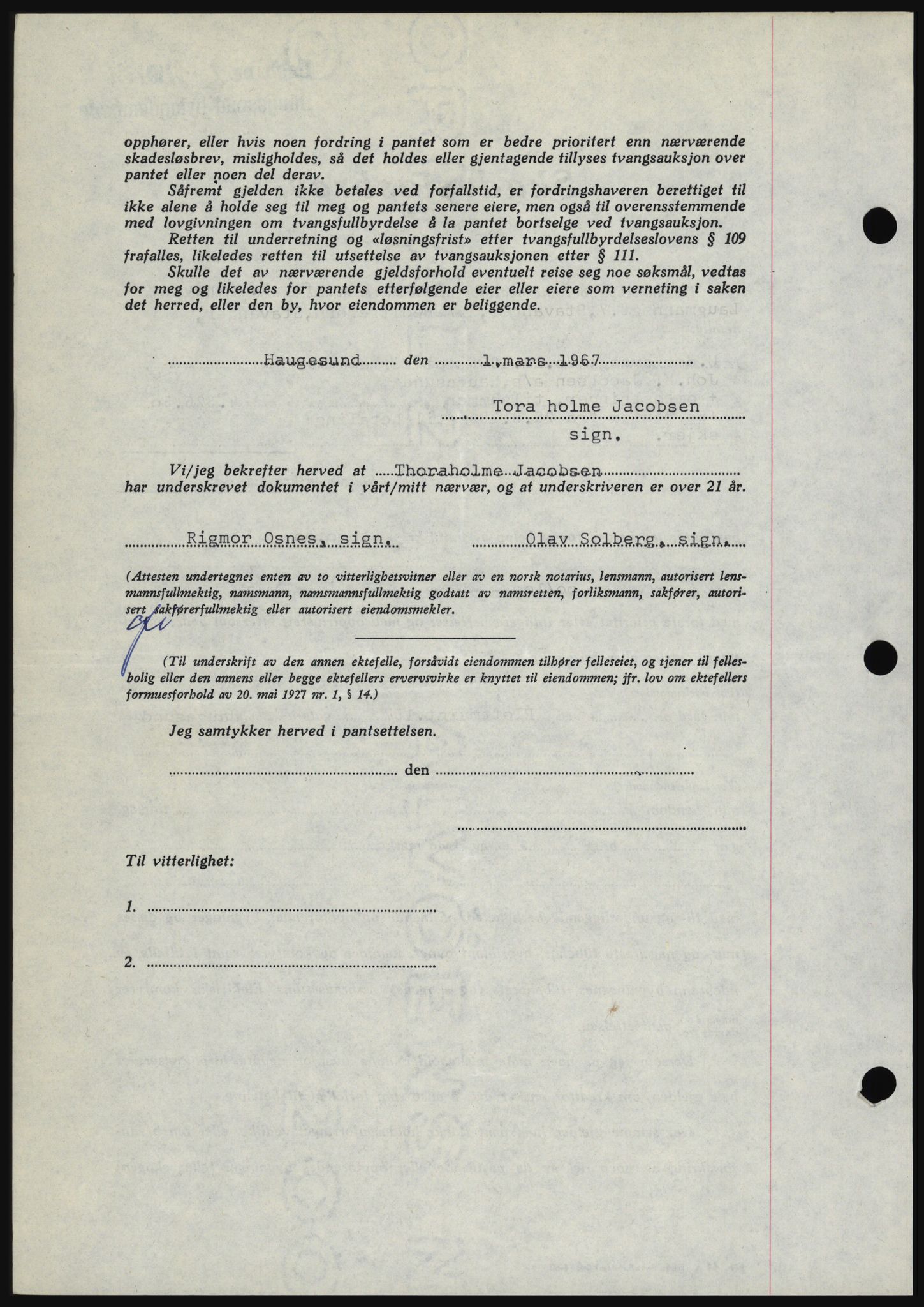 Haugesund tingrett, SAST/A-101415/01/II/IIC/L0056: Mortgage book no. B 56, 1966-1967, Diary no: : 660/1967