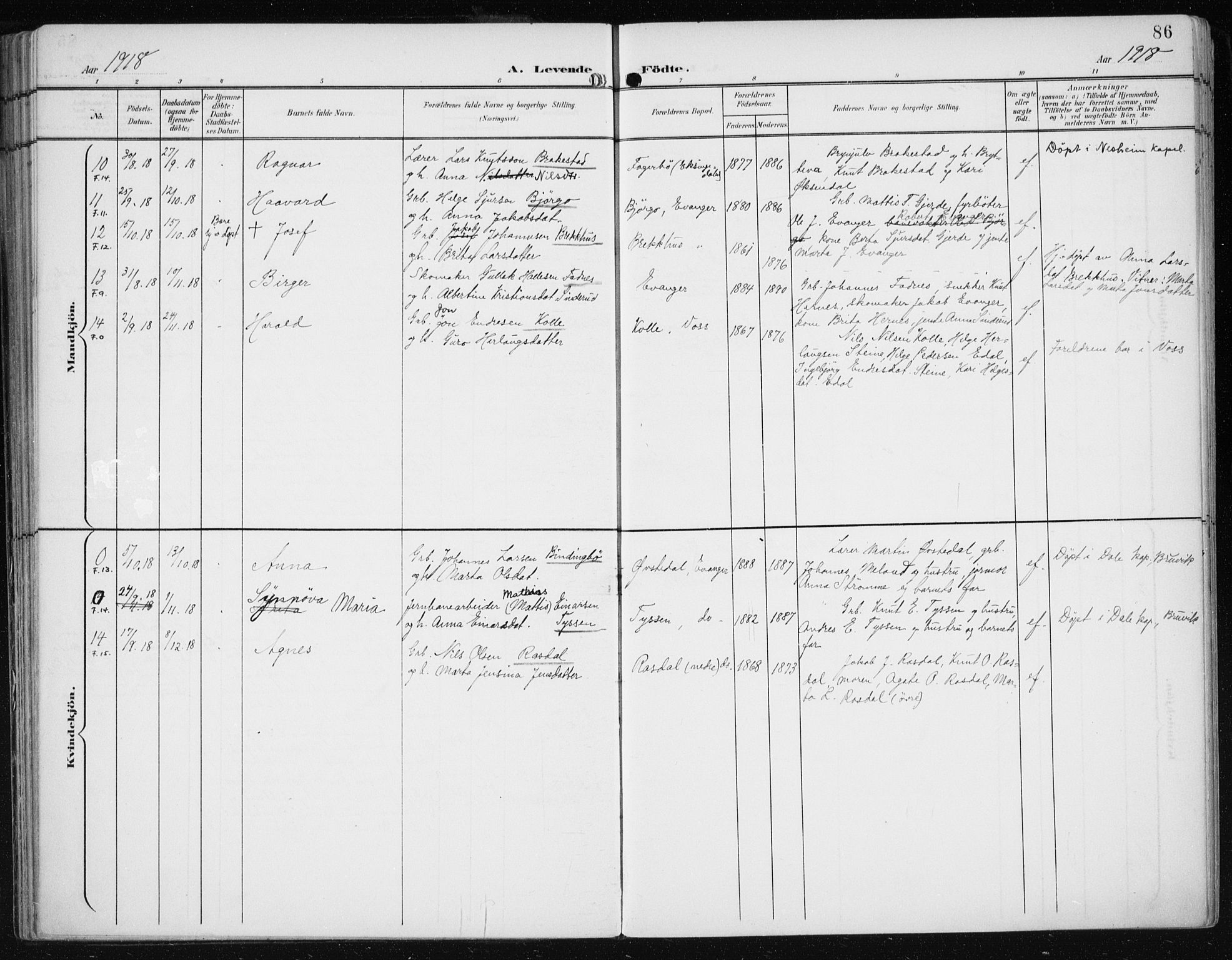 Evanger sokneprestembete, AV/SAB-A-99924: Parish register (official) no. A  3, 1900-1930, p. 86