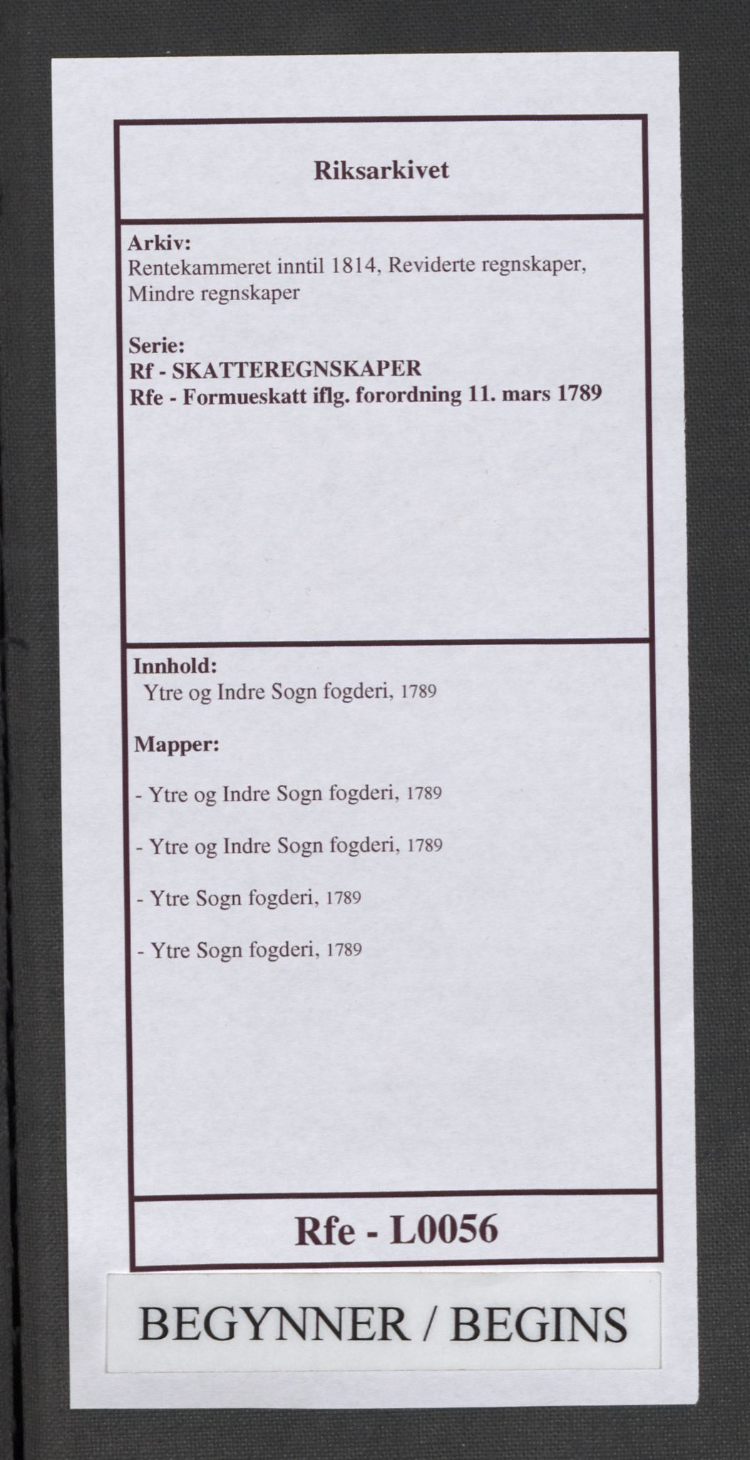 Rentekammeret inntil 1814, Reviderte regnskaper, Mindre regnskaper, AV/RA-EA-4068/Rf/Rfe/L0056:  Ytre og Indre Sogn fogderi, 1789, p. 1