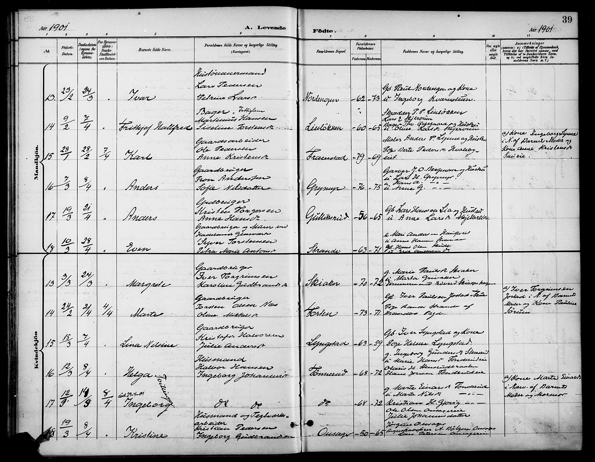 Gran prestekontor, AV/SAH-PREST-112/H/Ha/Haa/L0019: Parish register (official) no. 19, 1898-1907, p. 39