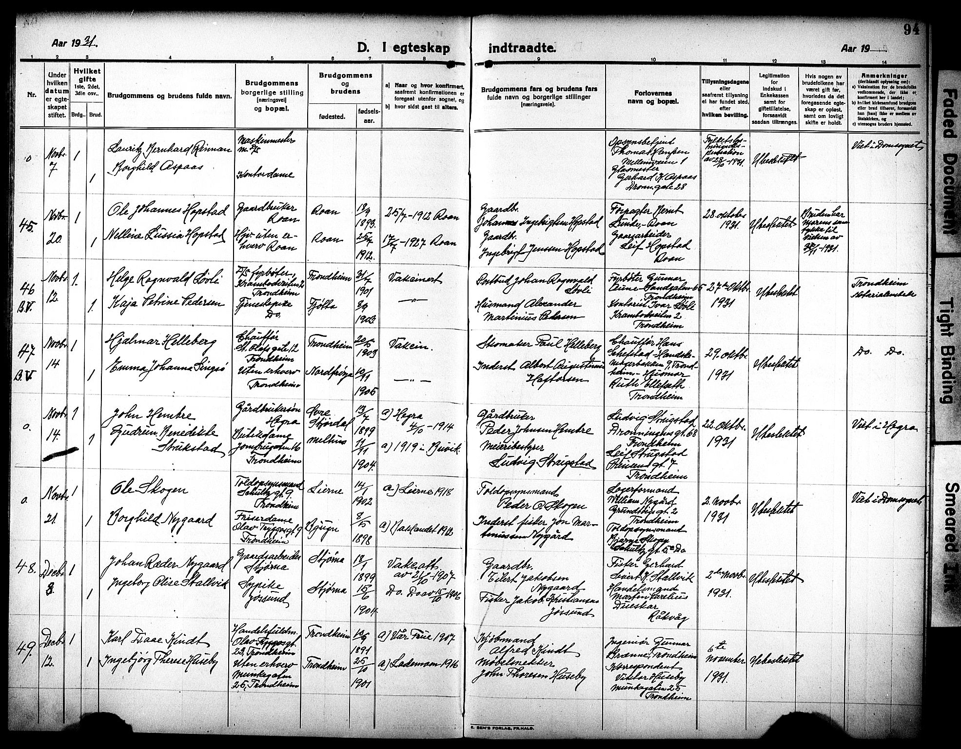 Ministerialprotokoller, klokkerbøker og fødselsregistre - Sør-Trøndelag, AV/SAT-A-1456/602/L0149: Parish register (copy) no. 602C17, 1919-1932, p. 94