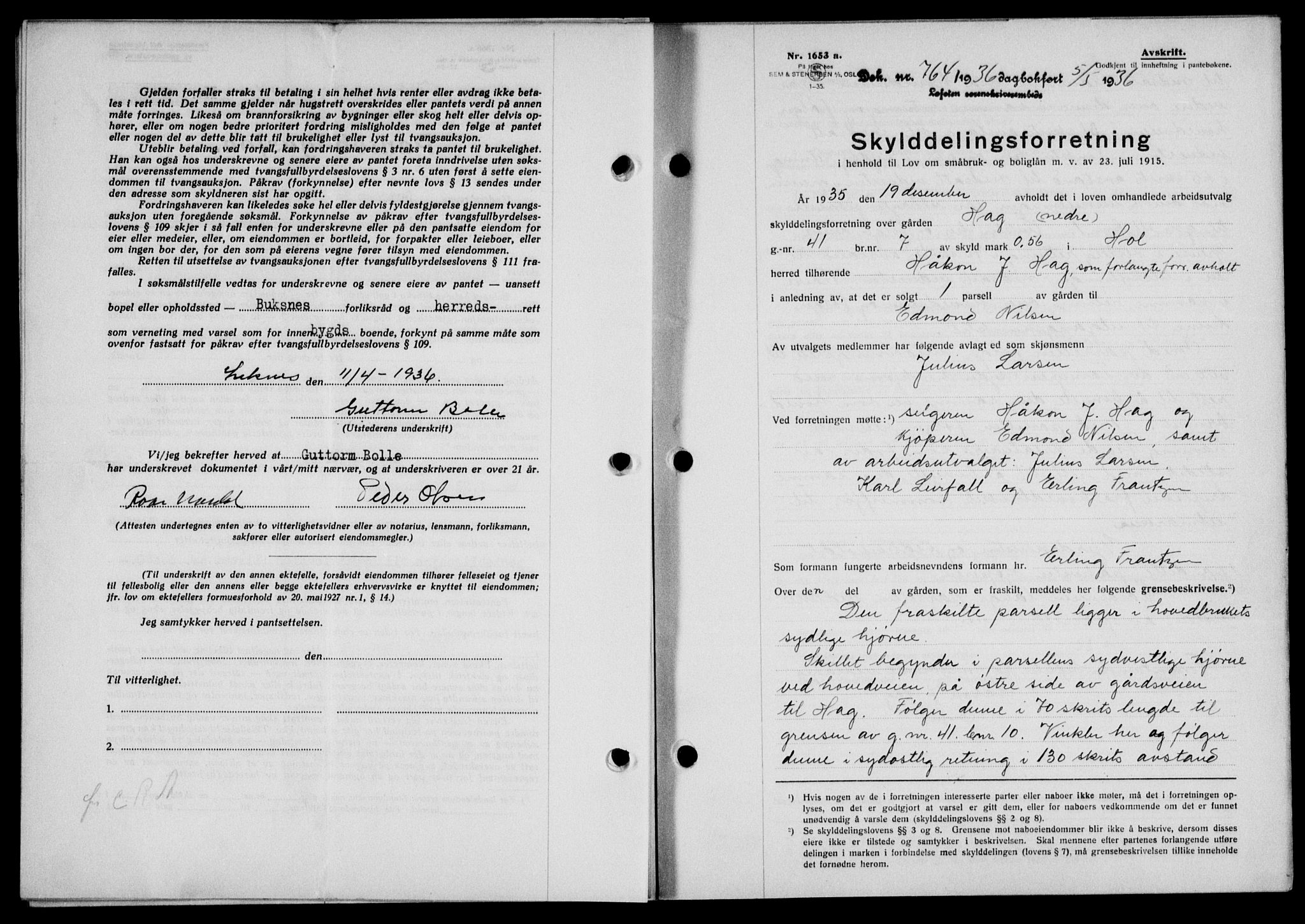 Lofoten sorenskriveri, SAT/A-0017/1/2/2C/L0033b: Mortgage book no. 33b, 1936-1936, Diary no: : 764/1936