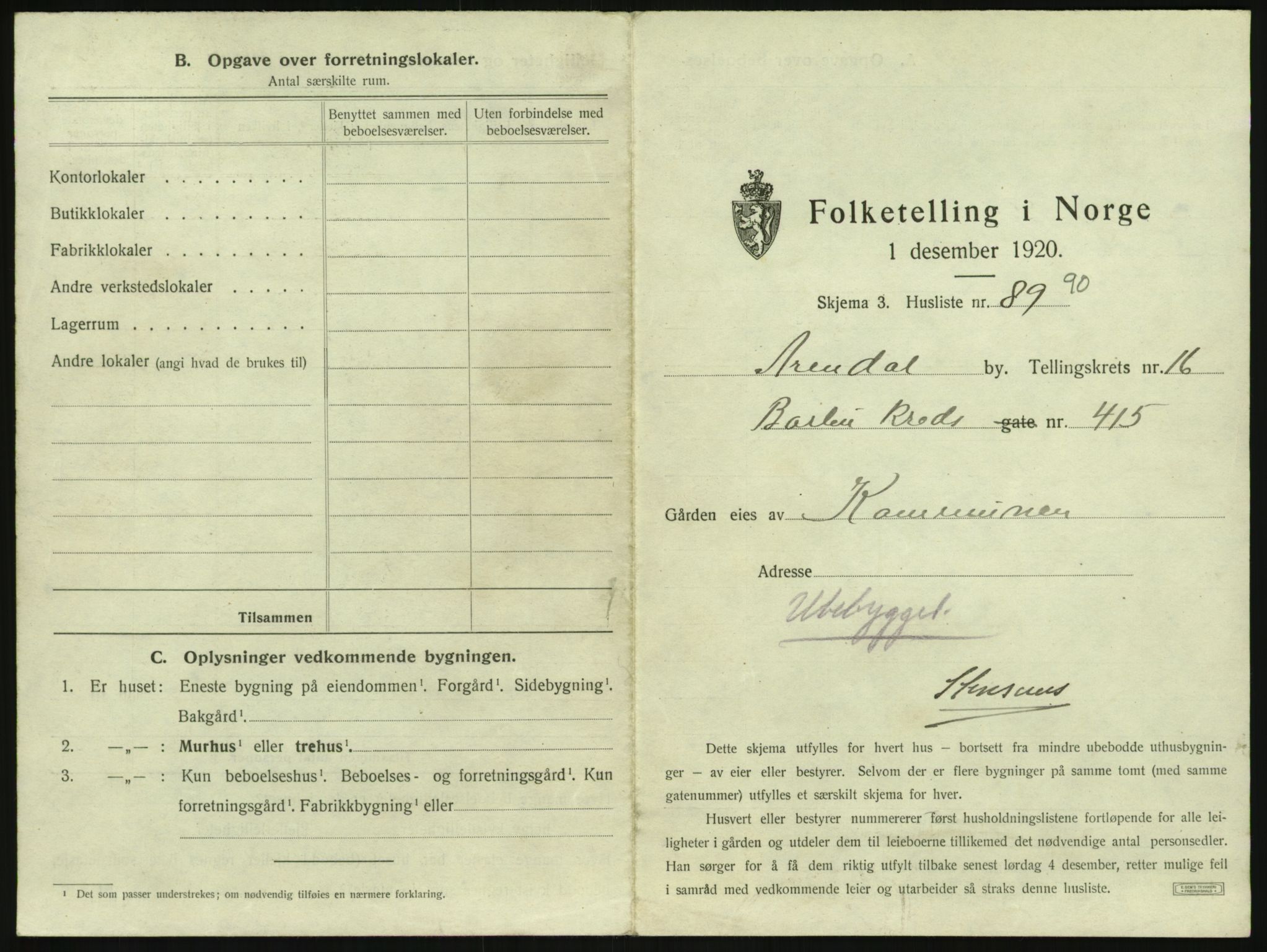 SAK, 1920 census for Arendal, 1920, p. 2524