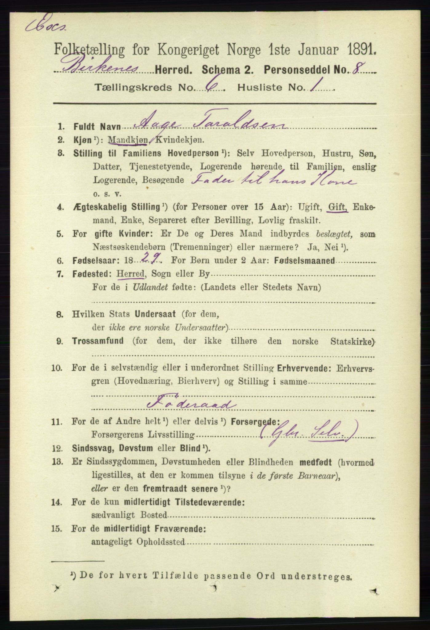 RA, Census 1891 for Nedenes amt: Gjenparter av personsedler for beslektede ektefeller, menn, 1891, p. 896