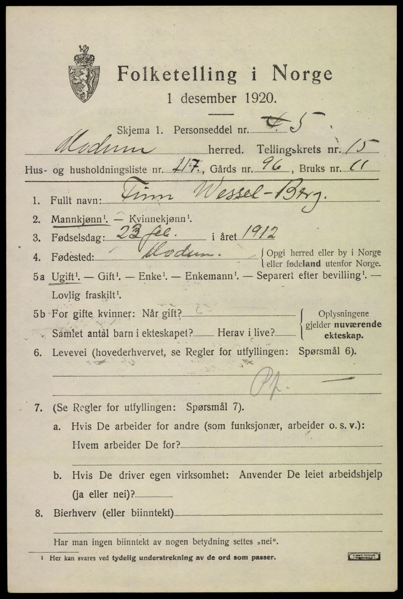 SAKO, 1920 census for Modum, 1920, p. 19411