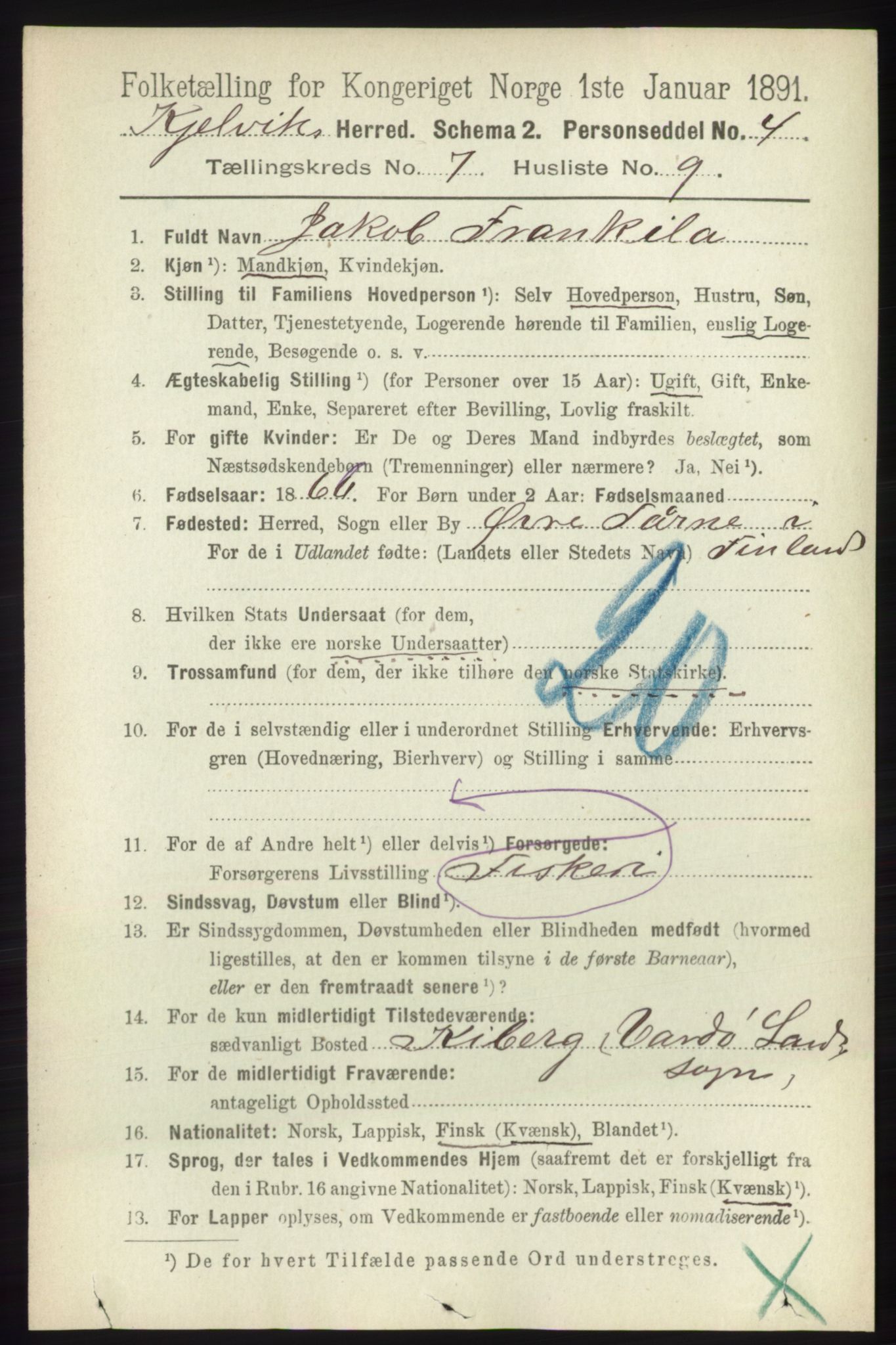 RA, 1891 census for 2019 Kjelvik, 1891, p. 955