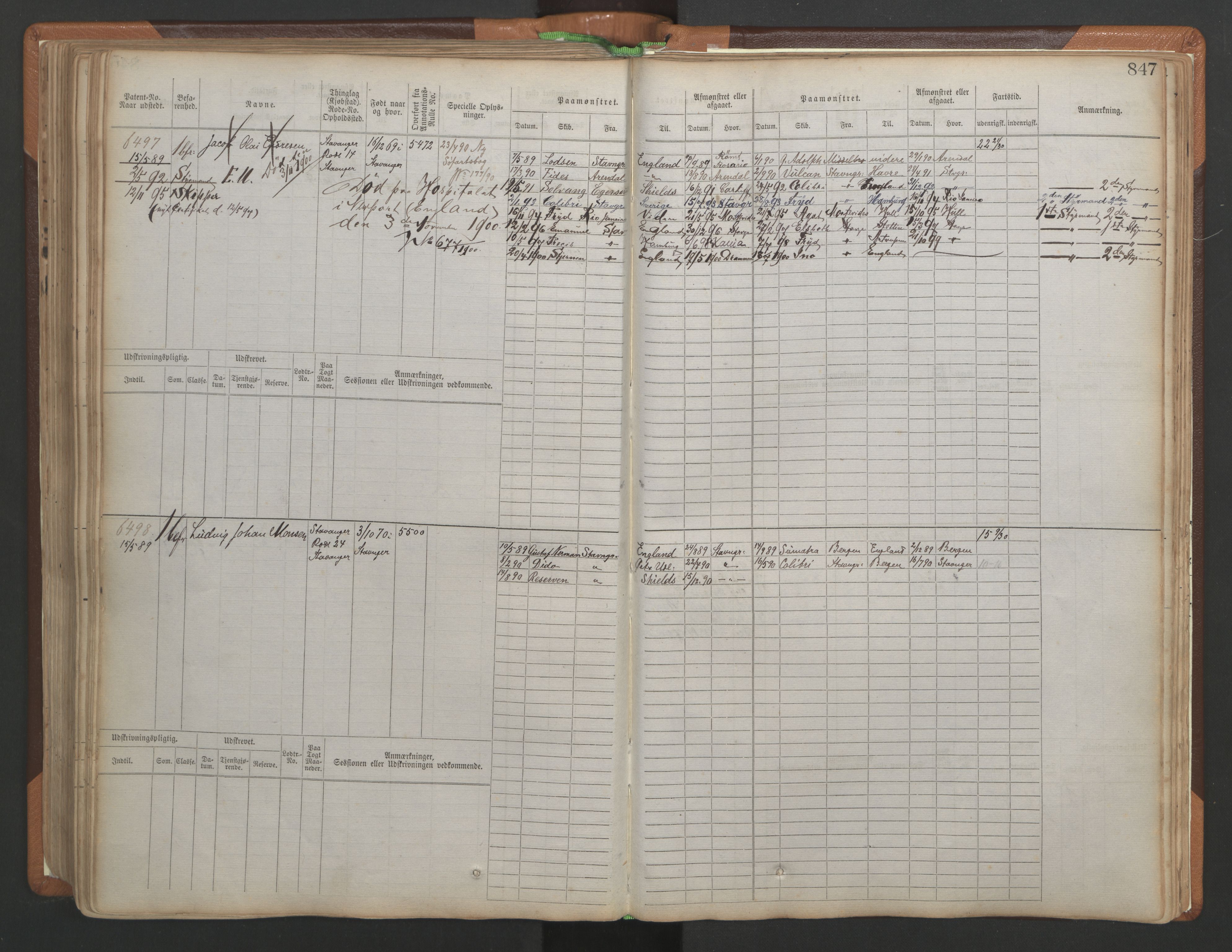 Stavanger sjømannskontor, AV/SAST-A-102006/F/Fb/Fbb/L0010: Sjøfartshovedrulle, patentnr. 6007-6606 (del 1), 1887-1896, p. 251