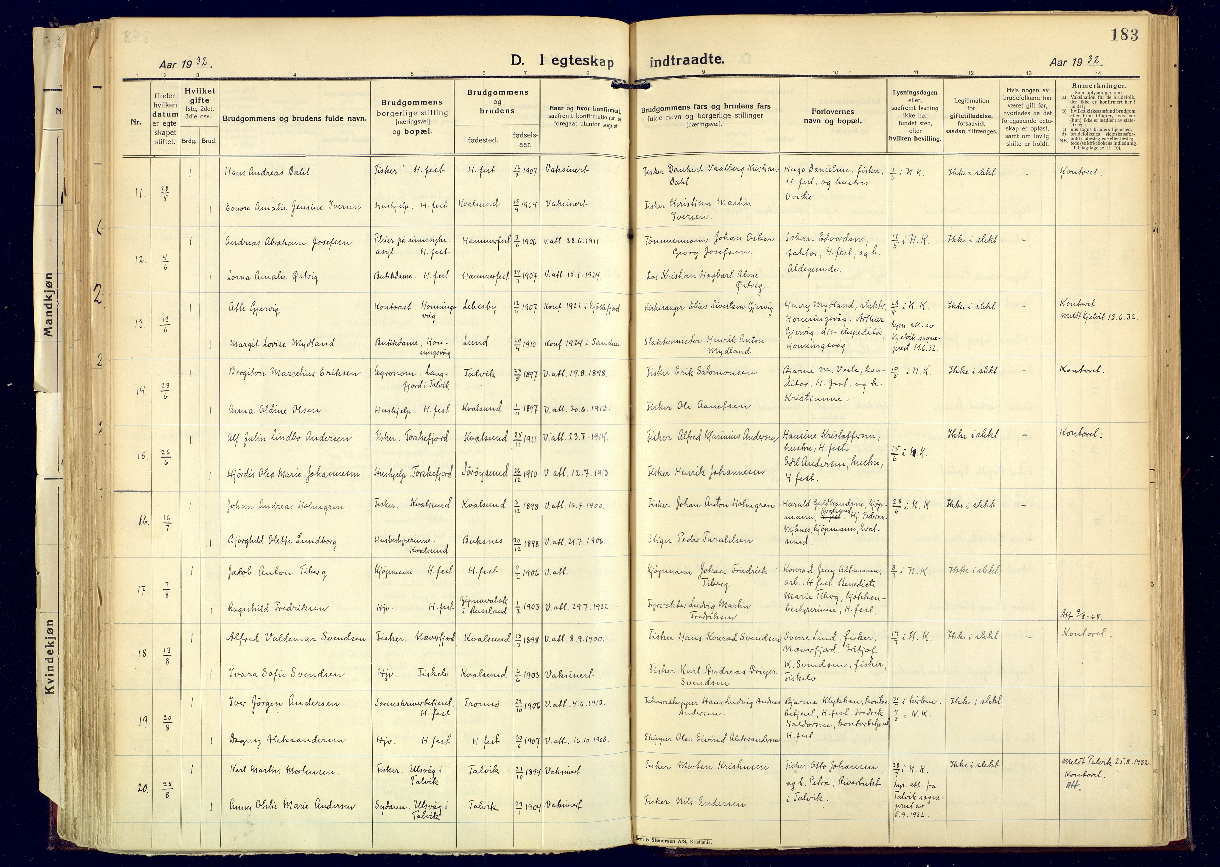 Hammerfest sokneprestkontor, AV/SATØ-S-1347/H/Ha/L0017.kirke: Parish register (official) no. 17, 1923-1933, p. 183