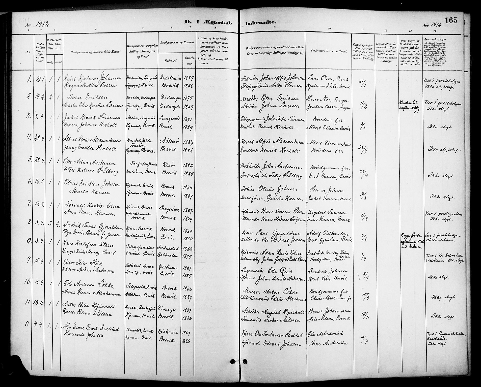 Brevik kirkebøker, SAKO/A-255/G/Ga/L0005: Parish register (copy) no. 5, 1901-1924, p. 165