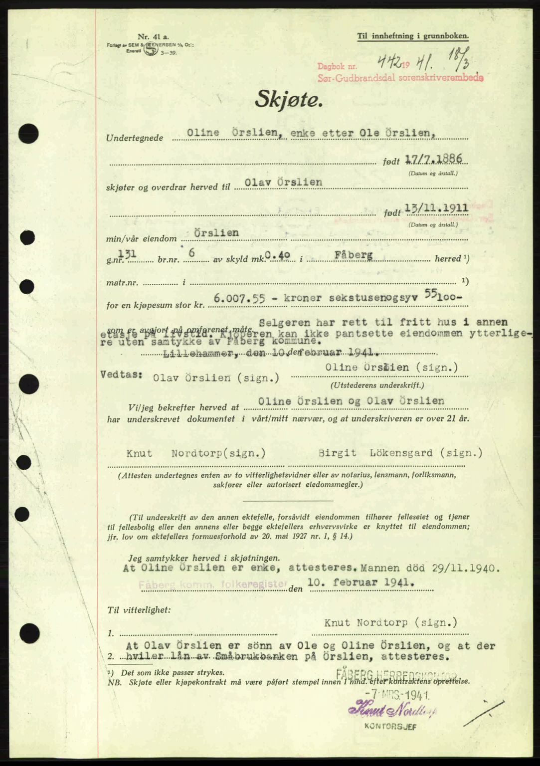 Sør-Gudbrandsdal tingrett, AV/SAH-TING-004/H/Hb/Hbd/L0008: Mortgage book no. A8, 1940-1941, Diary no: : 442/1941