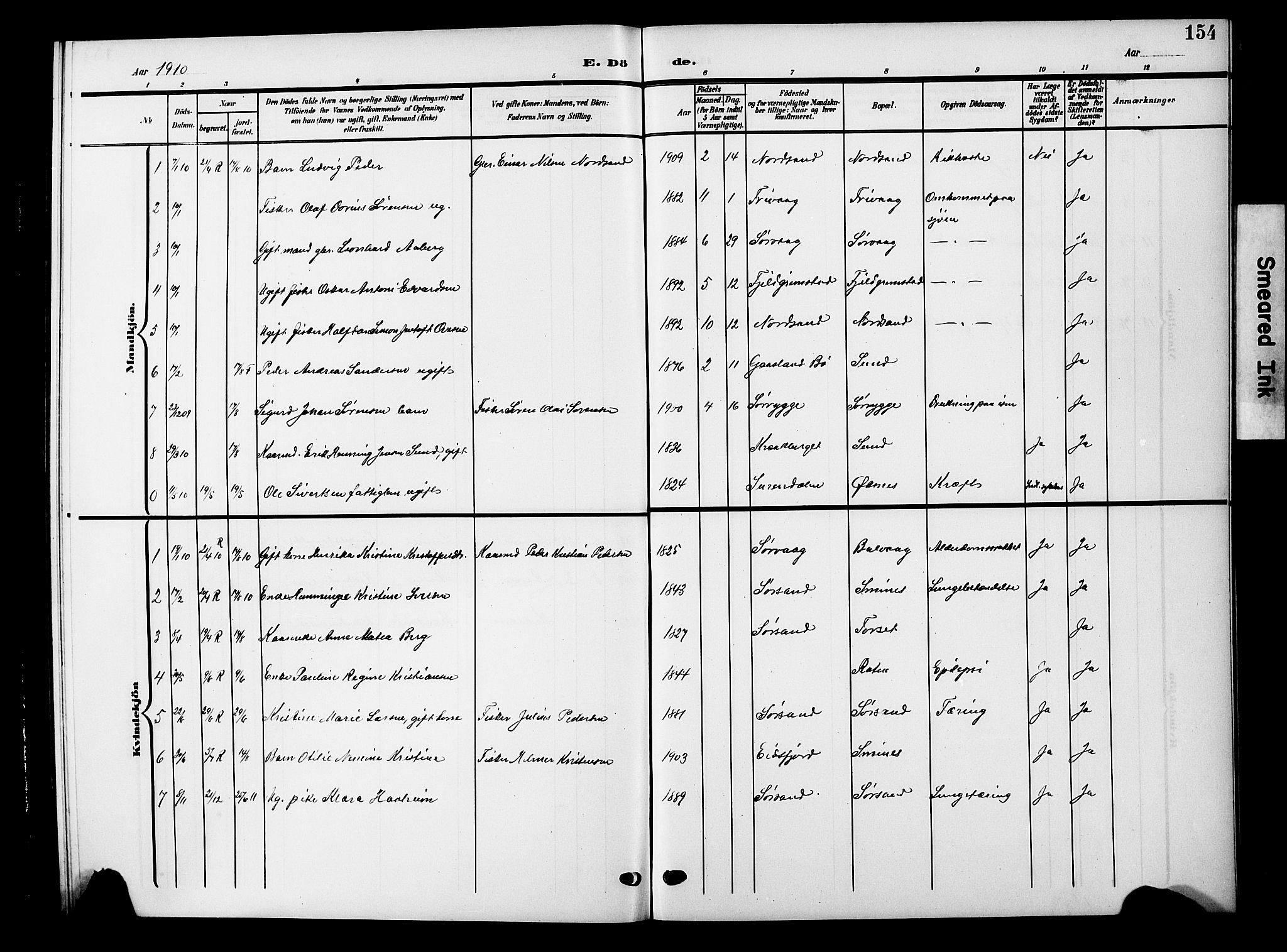 Ministerialprotokoller, klokkerbøker og fødselsregistre - Nordland, AV/SAT-A-1459/893/L1350: Parish register (copy) no. 893C05, 1906-1927, p. 154