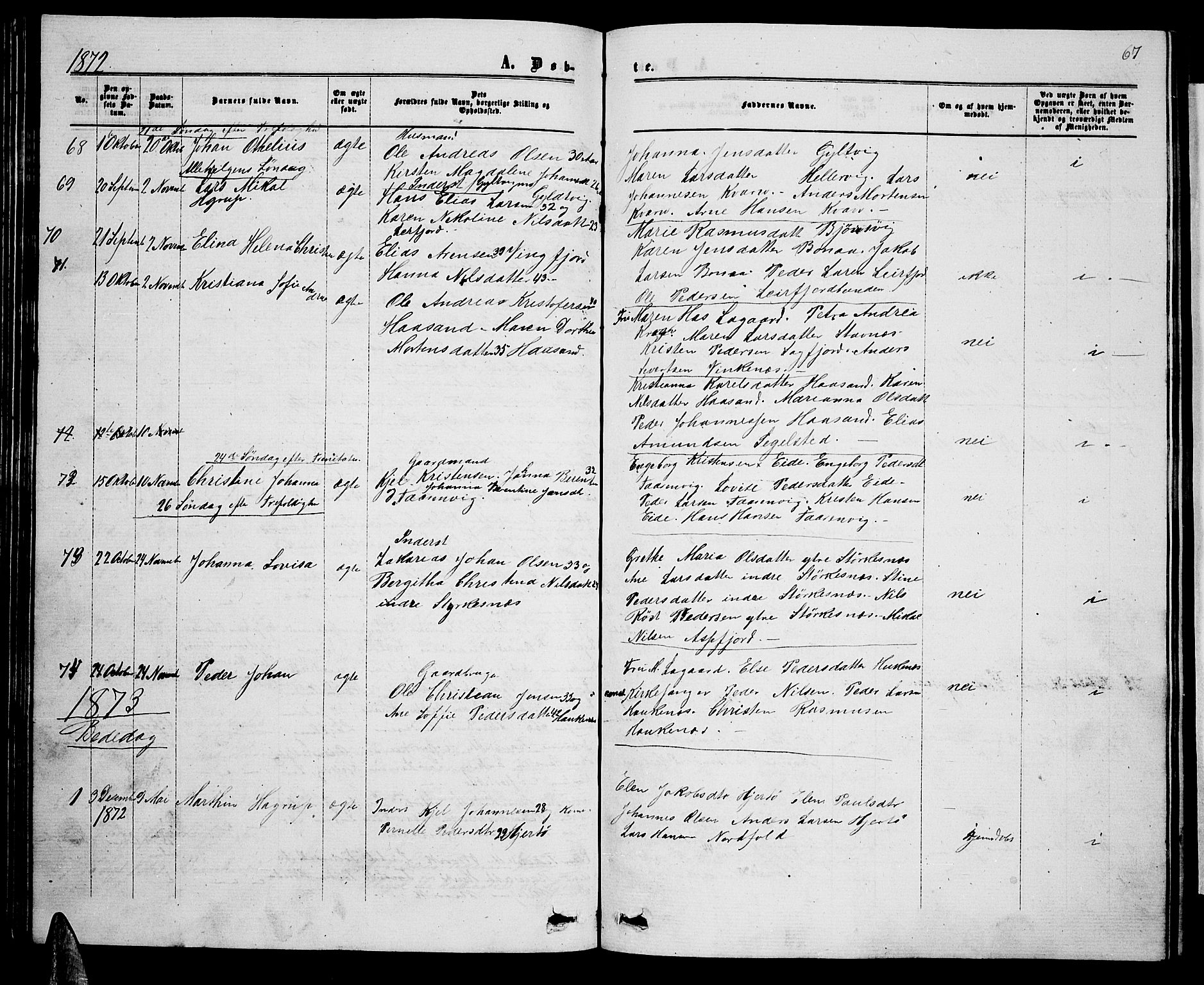 Ministerialprotokoller, klokkerbøker og fødselsregistre - Nordland, AV/SAT-A-1459/853/L0775: Parish register (copy) no. 853C03, 1859-1877, p. 67