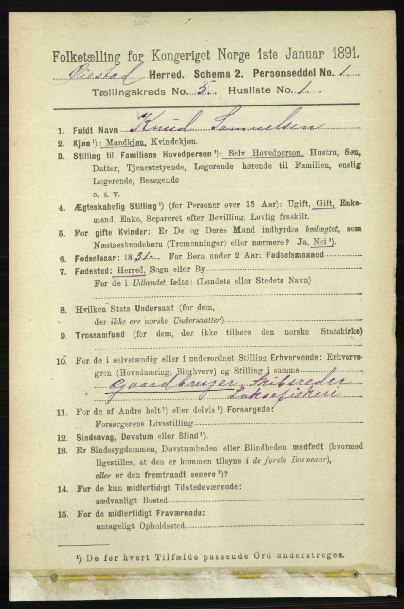 RA, 1891 census for 0920 Øyestad, 1891, p. 1810