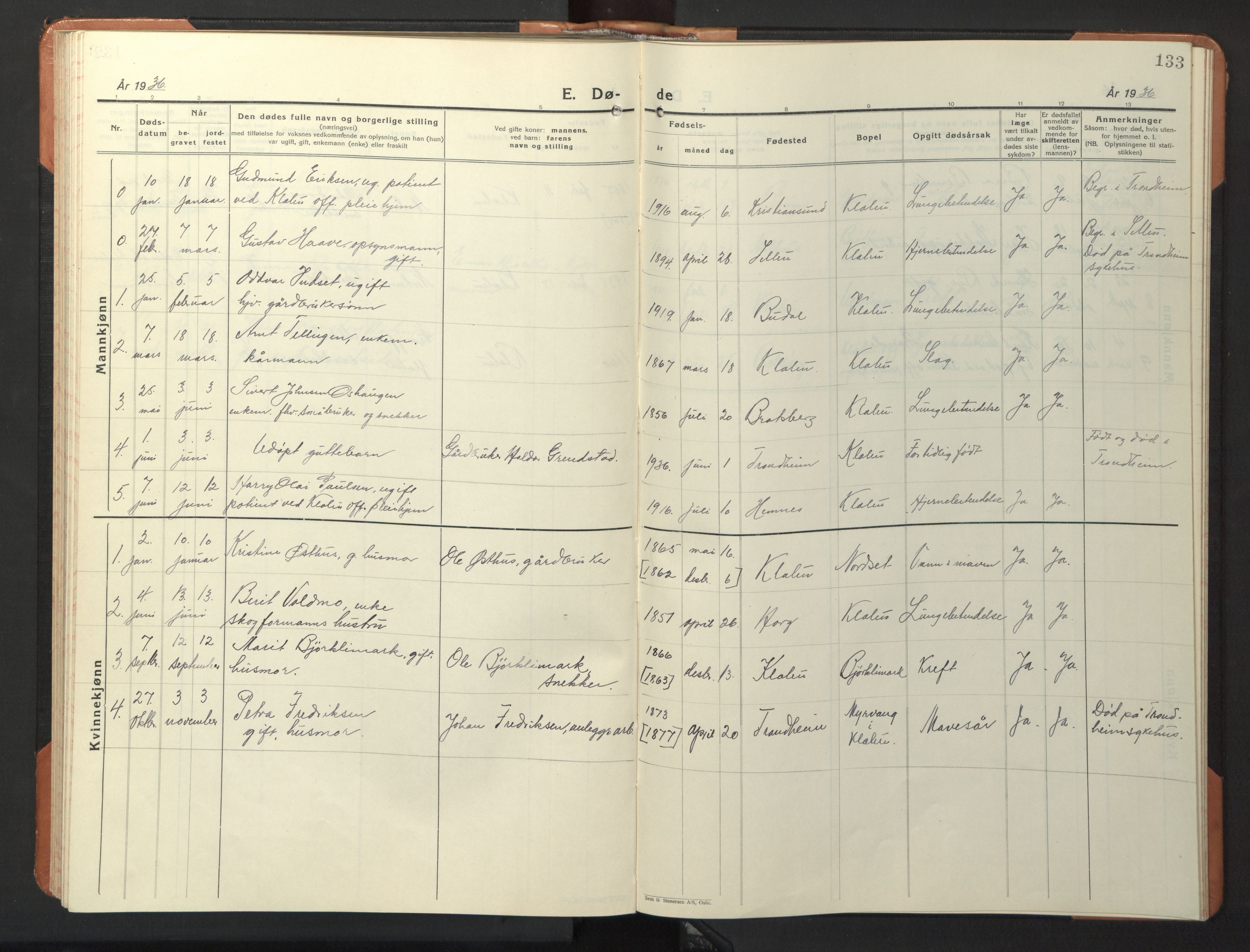 Ministerialprotokoller, klokkerbøker og fødselsregistre - Sør-Trøndelag, SAT/A-1456/618/L0454: Parish register (copy) no. 618C05, 1926-1946, p. 133
