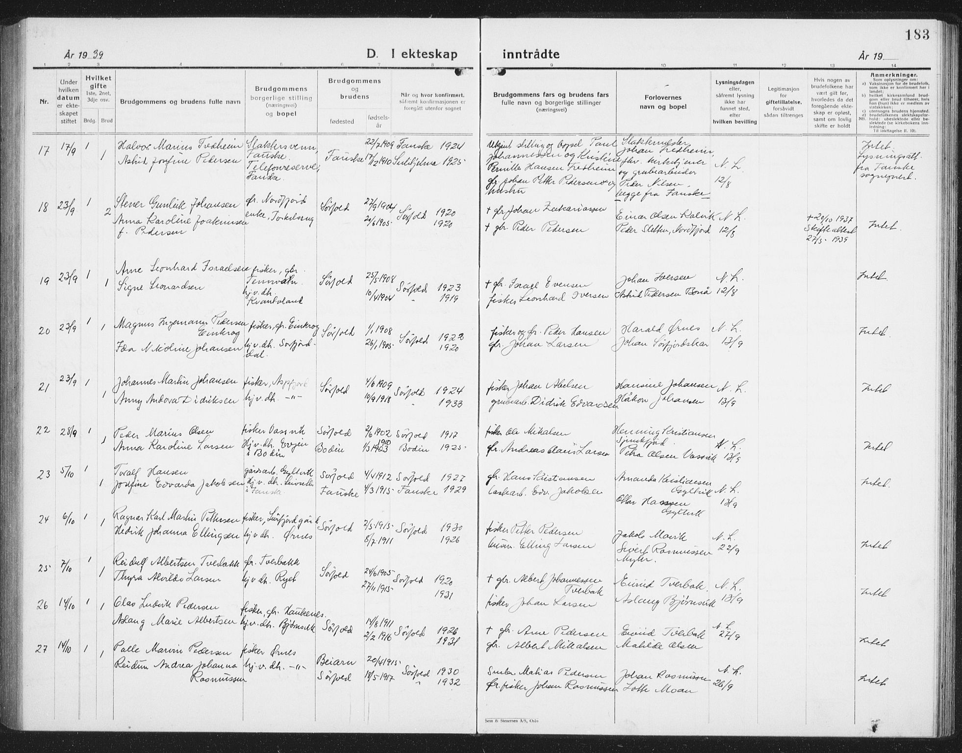 Ministerialprotokoller, klokkerbøker og fødselsregistre - Nordland, AV/SAT-A-1459/854/L0788: Parish register (copy) no. 854C04, 1926-1940, p. 183