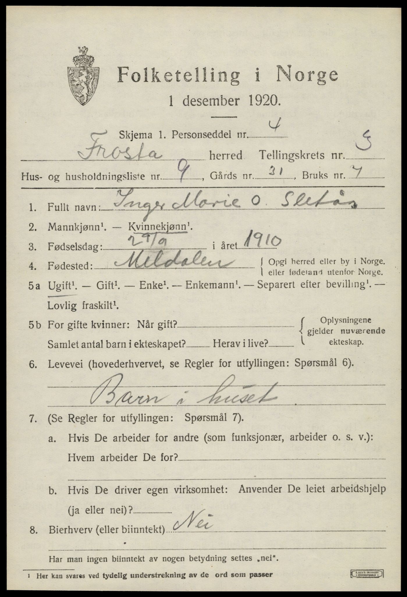 SAT, 1920 census for Frosta, 1920, p. 3606