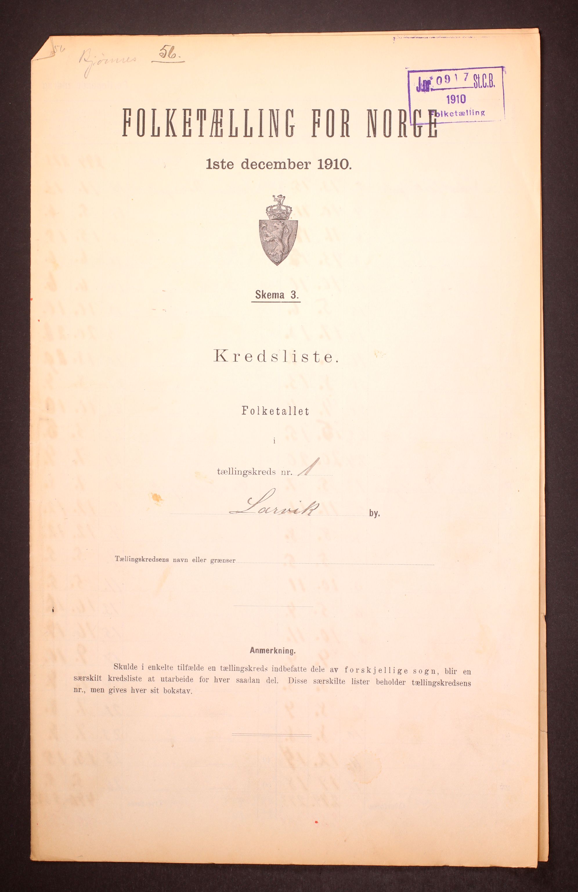 RA, 1910 census for Larvik, 1910, p. 5