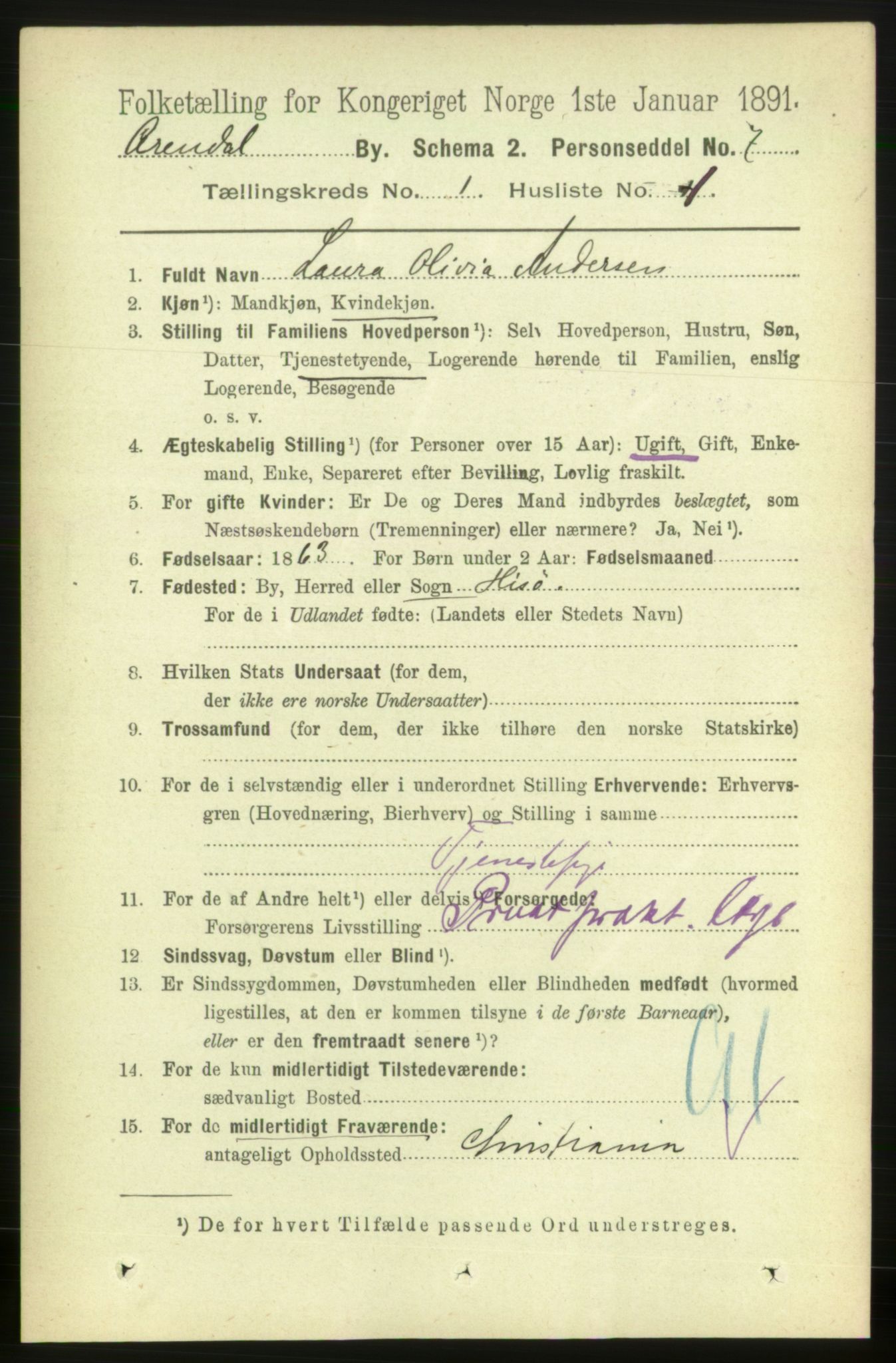 RA, 1891 census for 0903 Arendal, 1891, p. 933