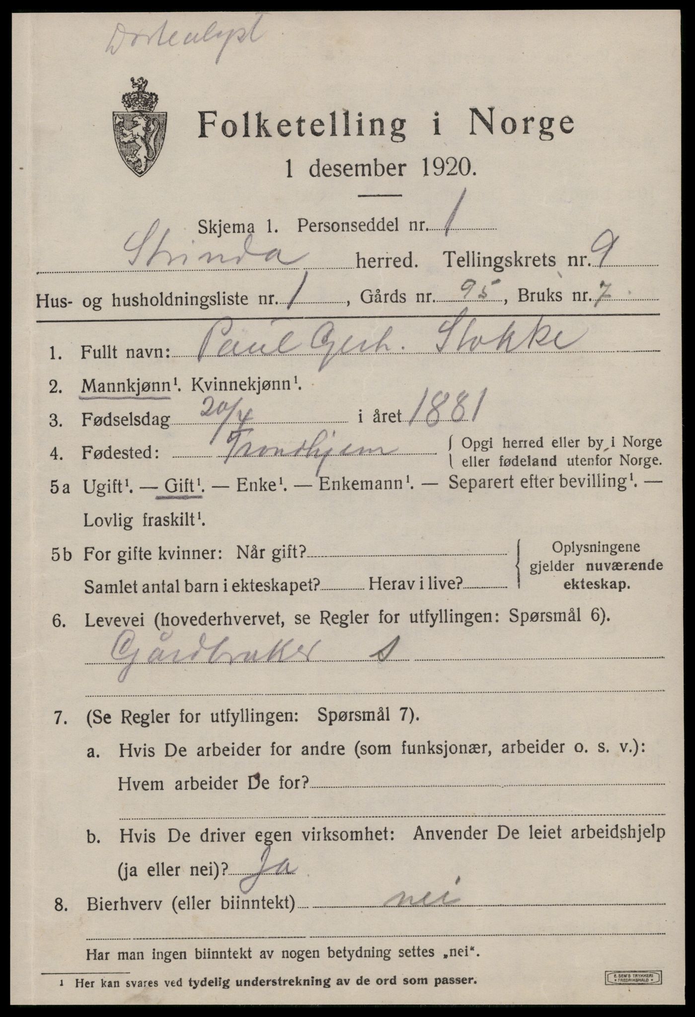 SAT, 1920 census for Strinda, 1920, p. 22218