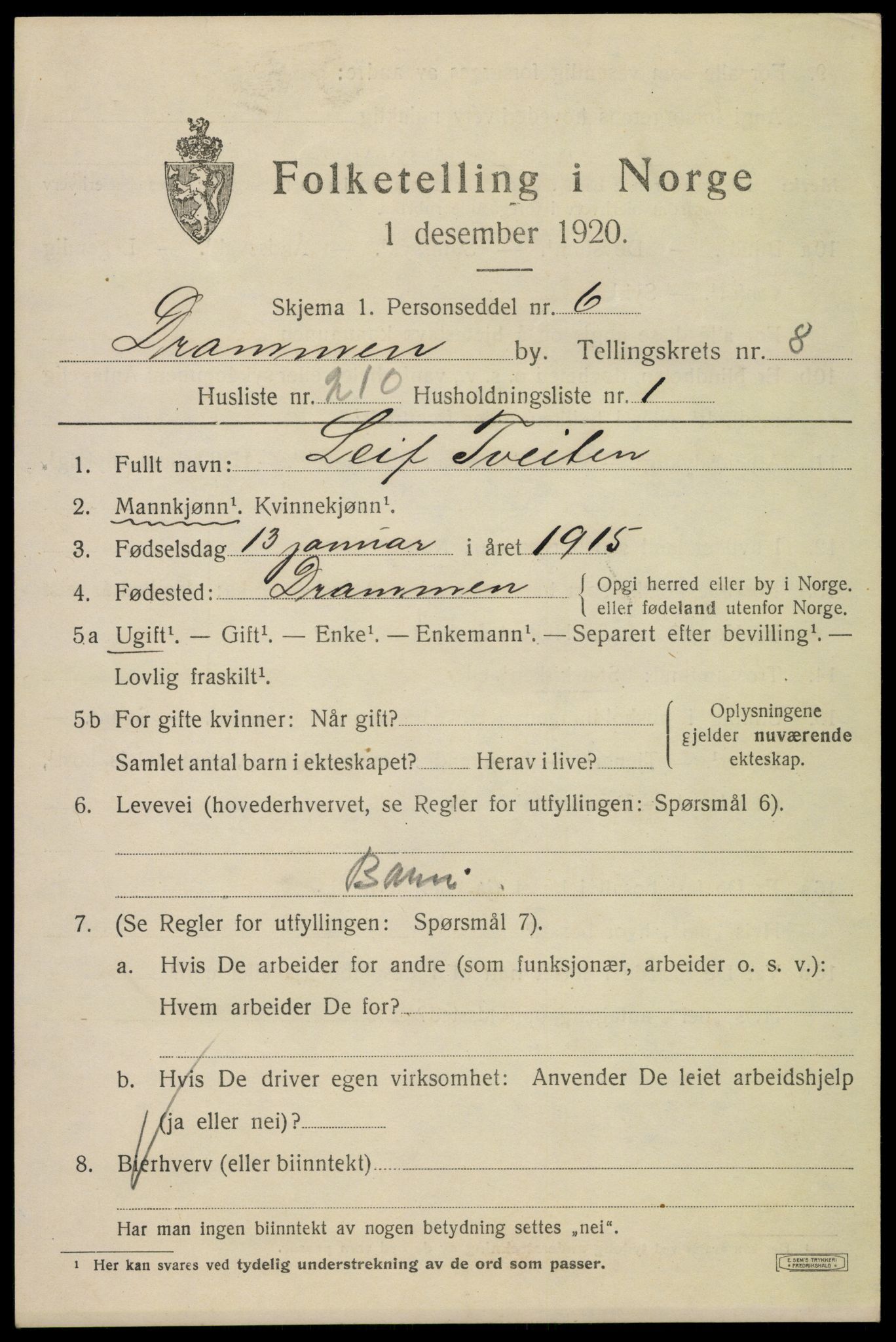 SAKO, 1920 census for Drammen, 1920, p. 58515