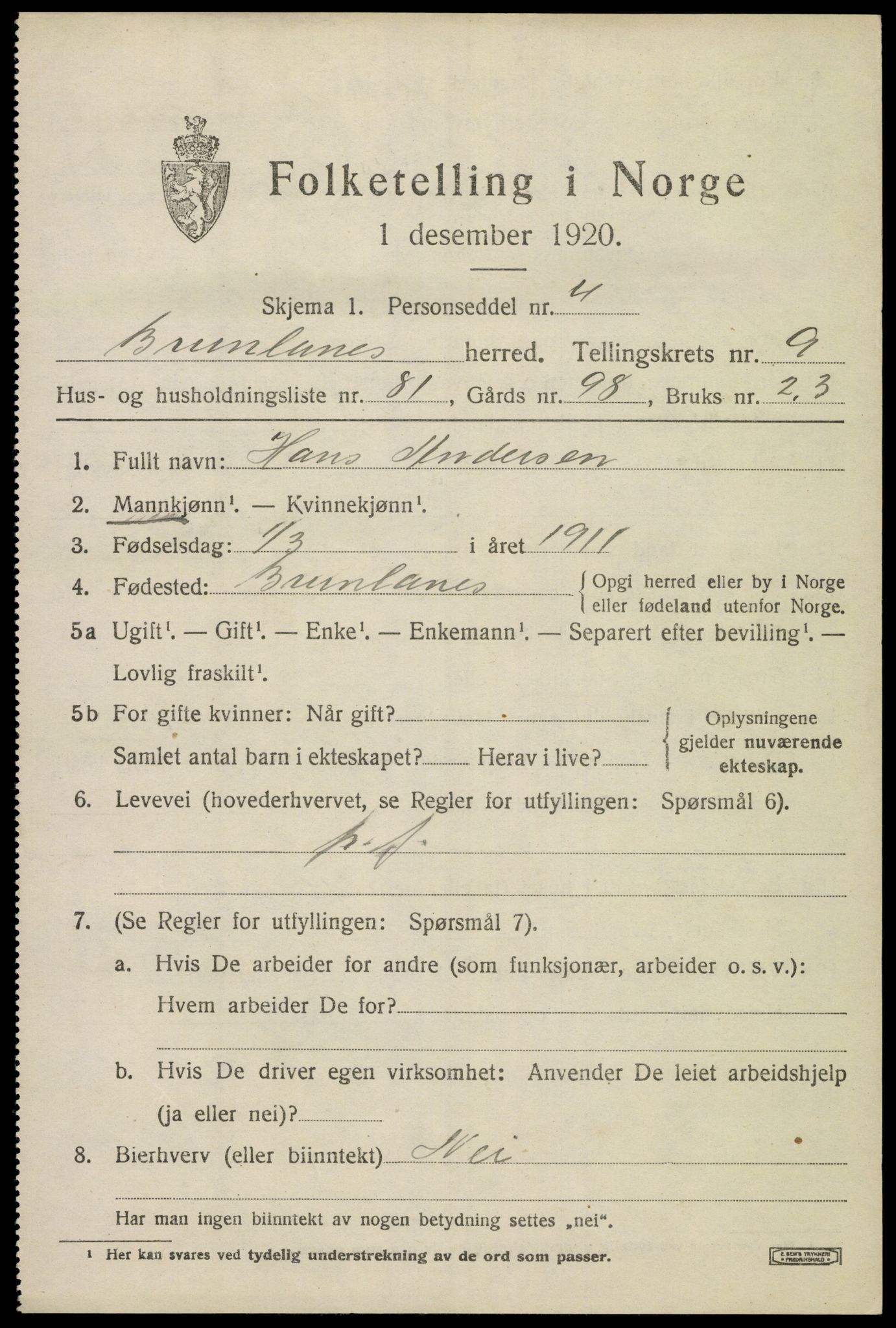 SAKO, 1920 census for Brunlanes, 1920, p. 8601
