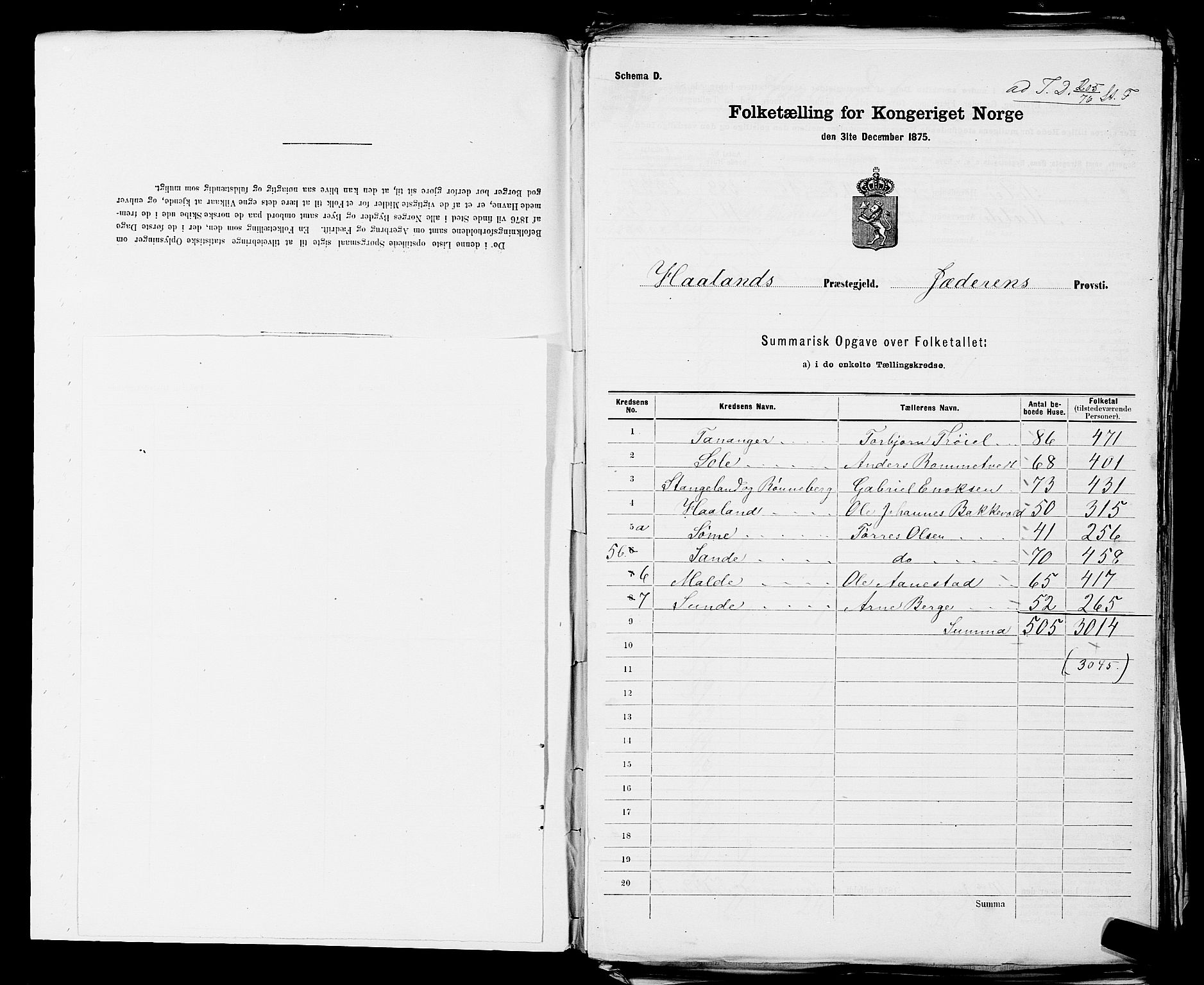 SAST, 1875 census for 1124P Håland, 1875, p. 3