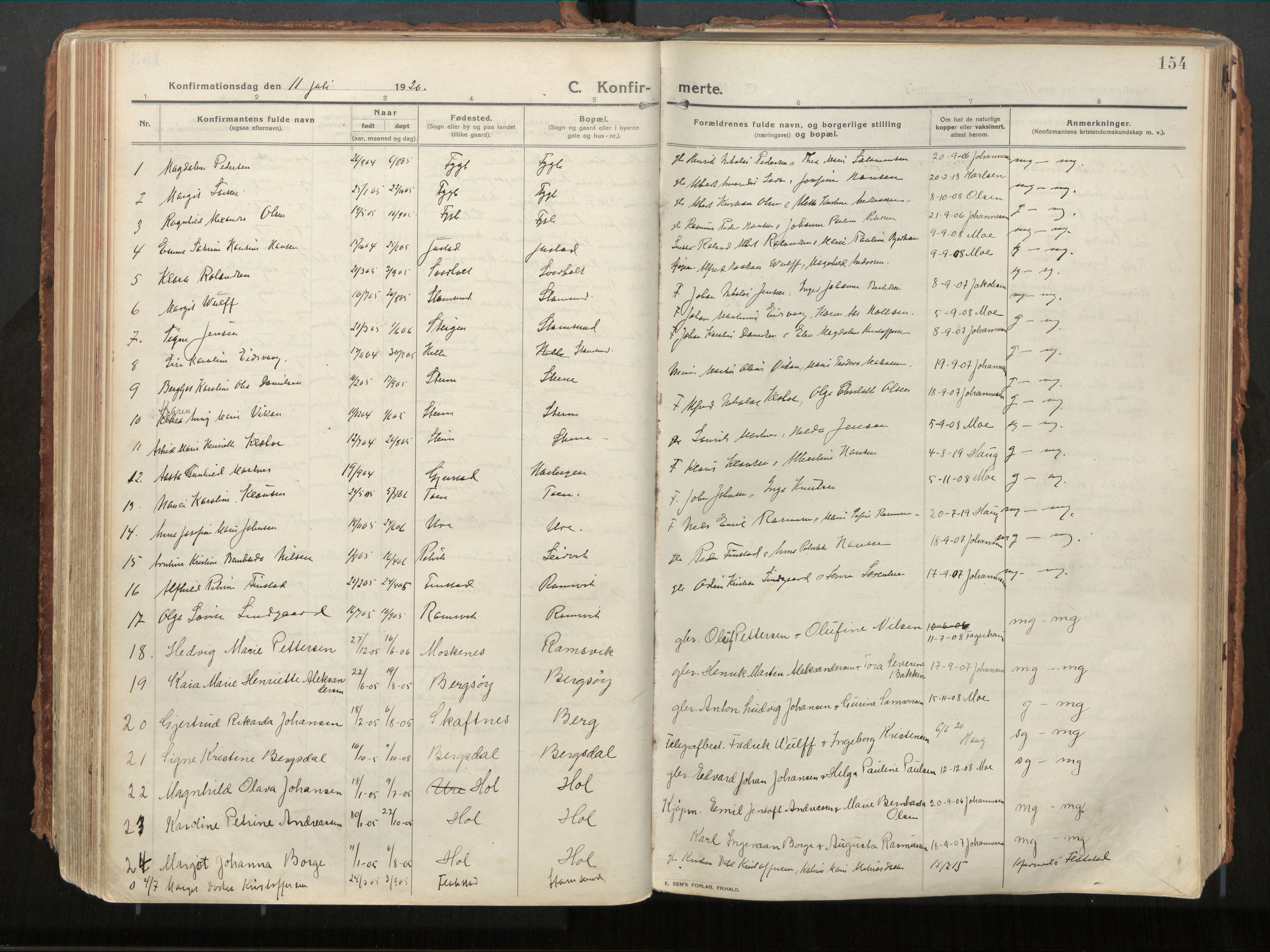 Ministerialprotokoller, klokkerbøker og fødselsregistre - Nordland, AV/SAT-A-1459/882/L1181: Parish register (official) no. 882A03, 1913-1937, p. 154