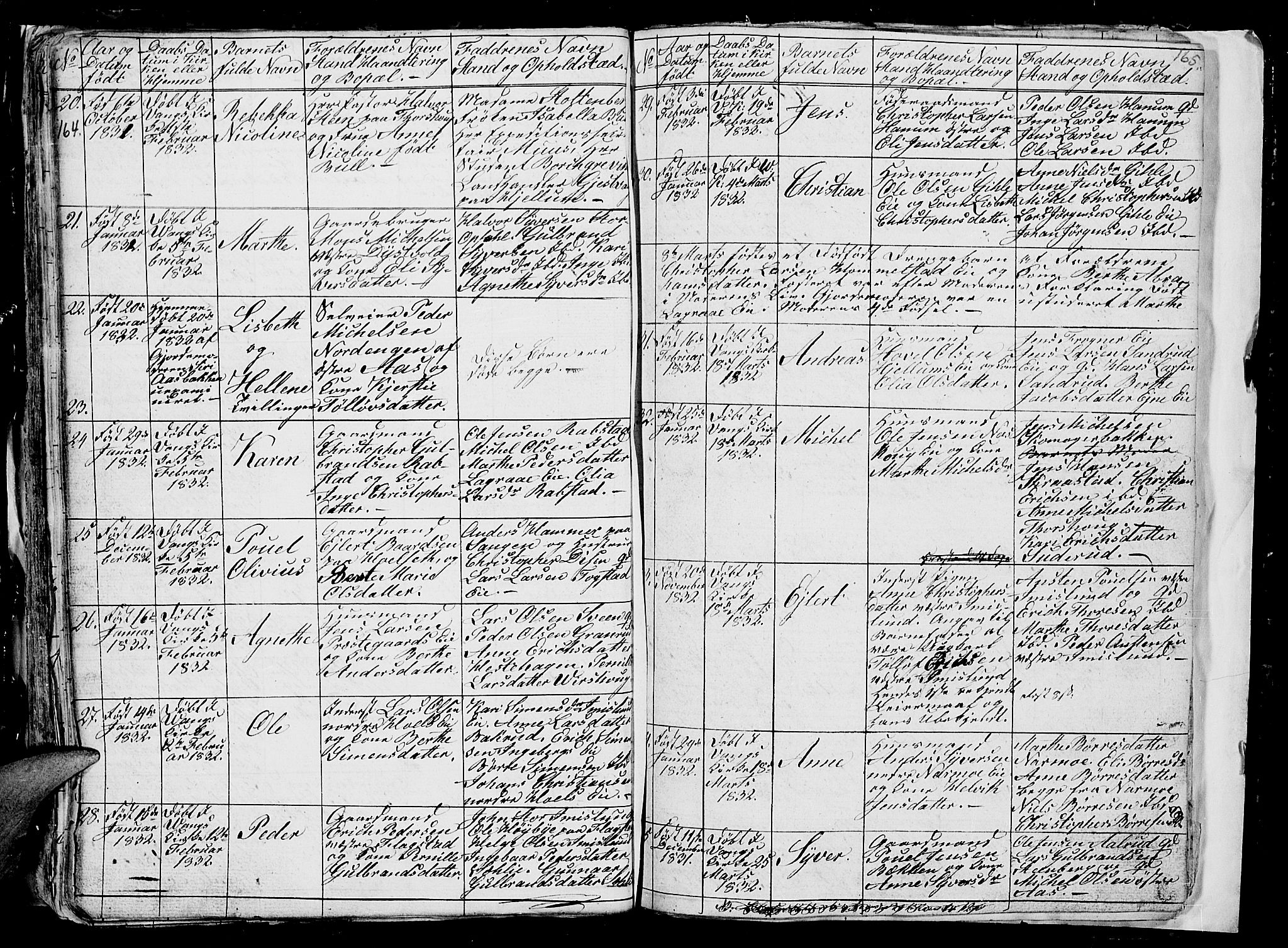 Vang prestekontor, Hedmark, SAH/PREST-008/H/Ha/Hab/L0006: Parish register (copy) no. 6, 1819-1832, p. 164-165