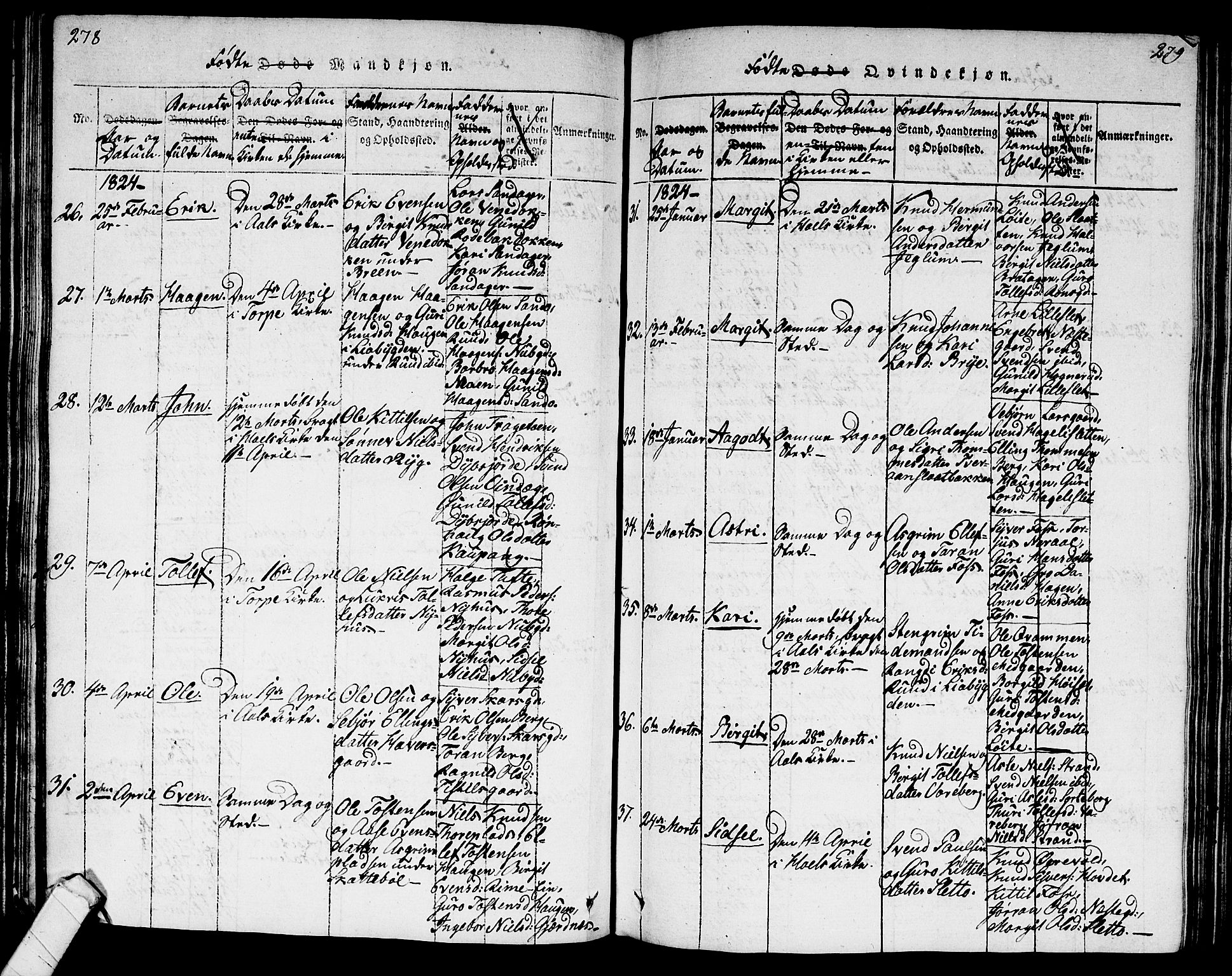 Ål kirkebøker, AV/SAKO-A-249/G/Ga/L0001: Parish register (copy) no. 1, 1815-1829, p. 278-279