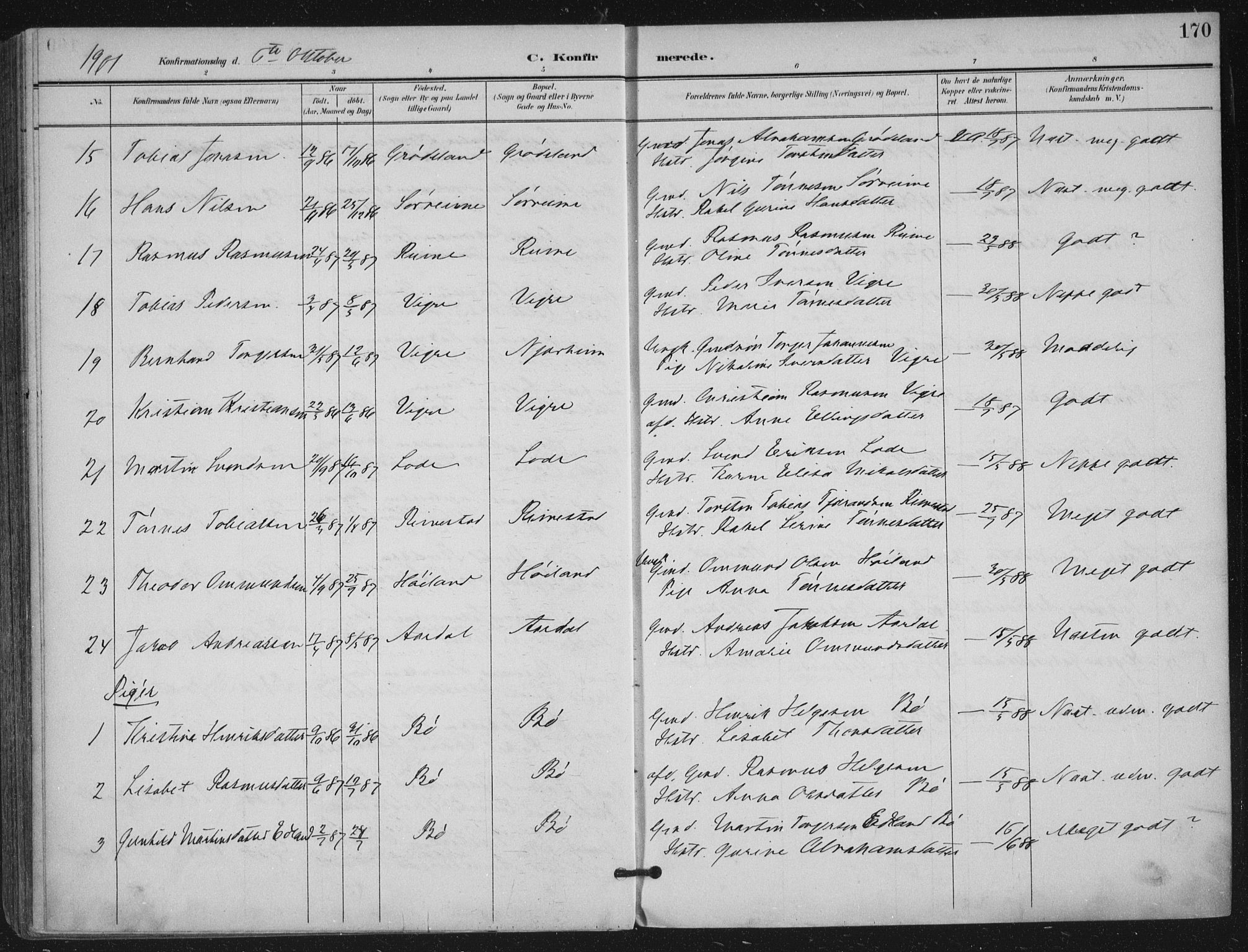 Hå sokneprestkontor, AV/SAST-A-101801/002/B/L0001: Parish register (official) no. A 11, 1897-1924, p. 170