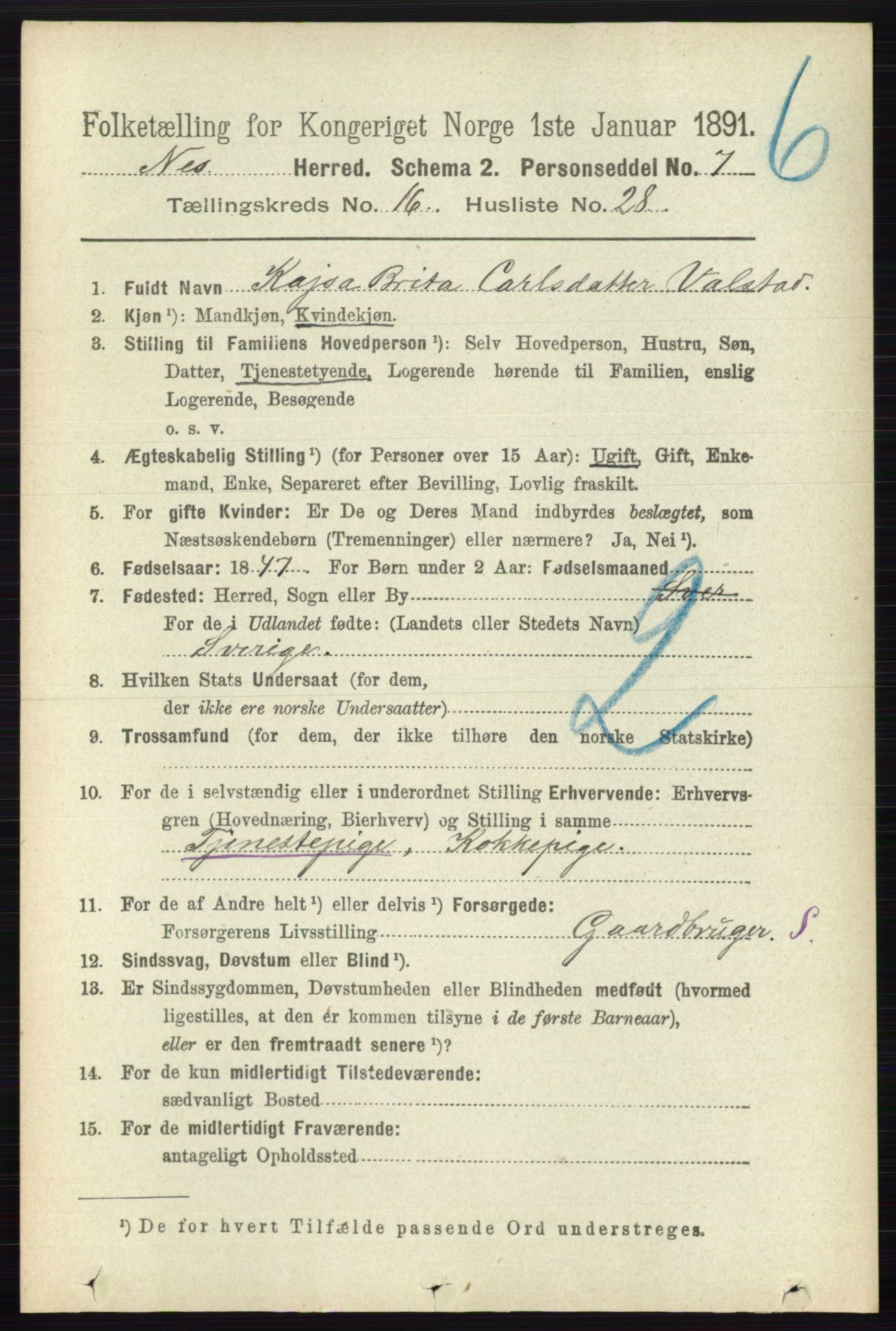 RA, 1891 census for 0236 Nes, 1891, p. 9727