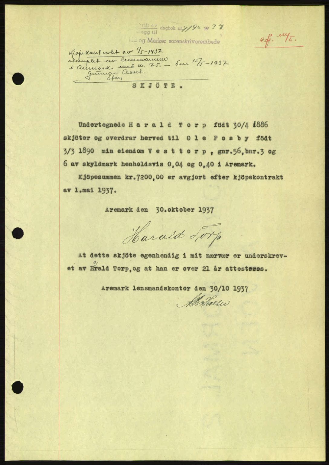 Idd og Marker sorenskriveri, AV/SAO-A-10283/G/Gb/Gbb/L0002: Mortgage book no. A2, 1937-1938, Diary no: : 1190/1937