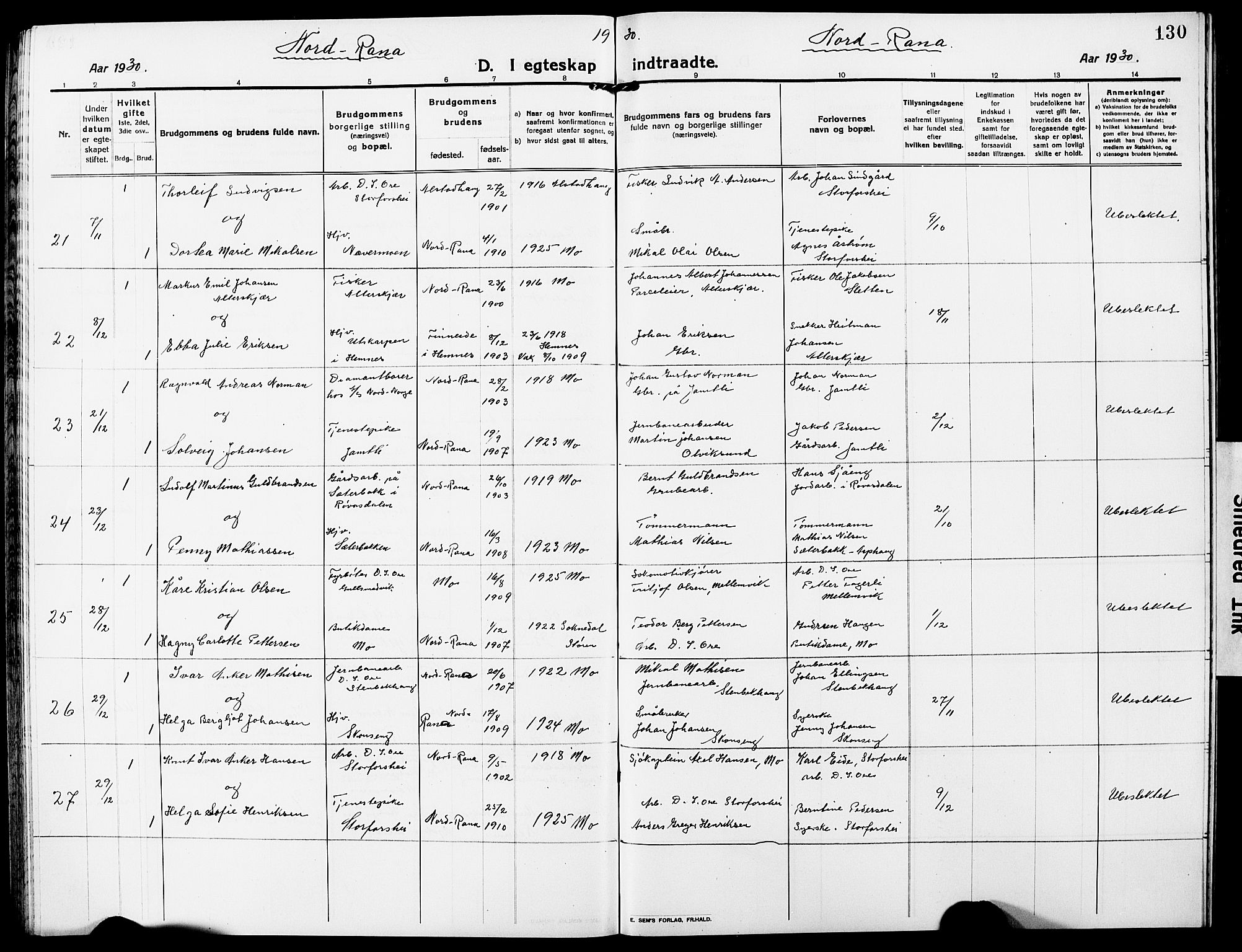 Ministerialprotokoller, klokkerbøker og fødselsregistre - Nordland, AV/SAT-A-1459/827/L0424: Parish register (copy) no. 827C13, 1921-1930, p. 130