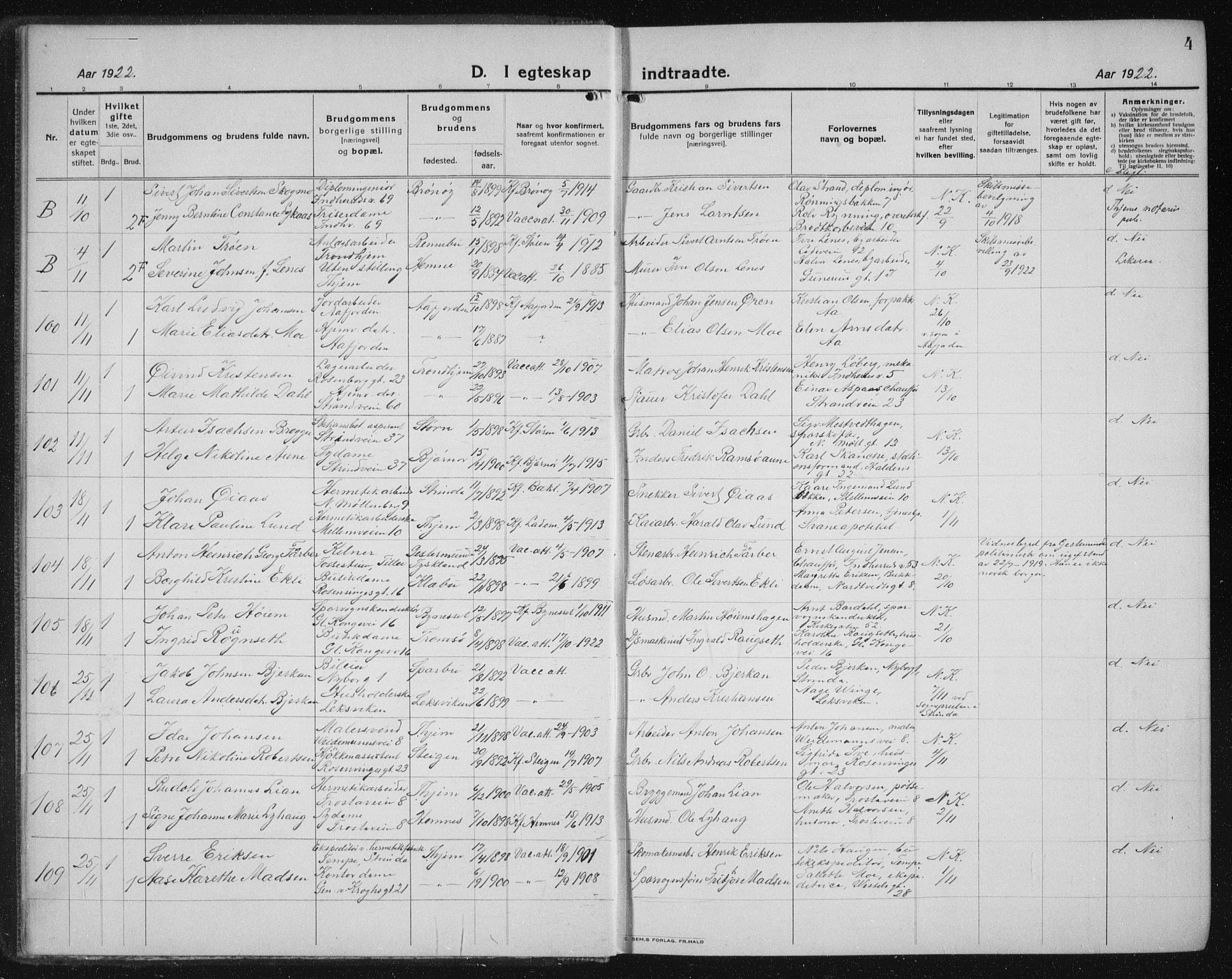 Ministerialprotokoller, klokkerbøker og fødselsregistre - Sør-Trøndelag, SAT/A-1456/605/L0260: Parish register (copy) no. 605C07, 1922-1942, p. 4