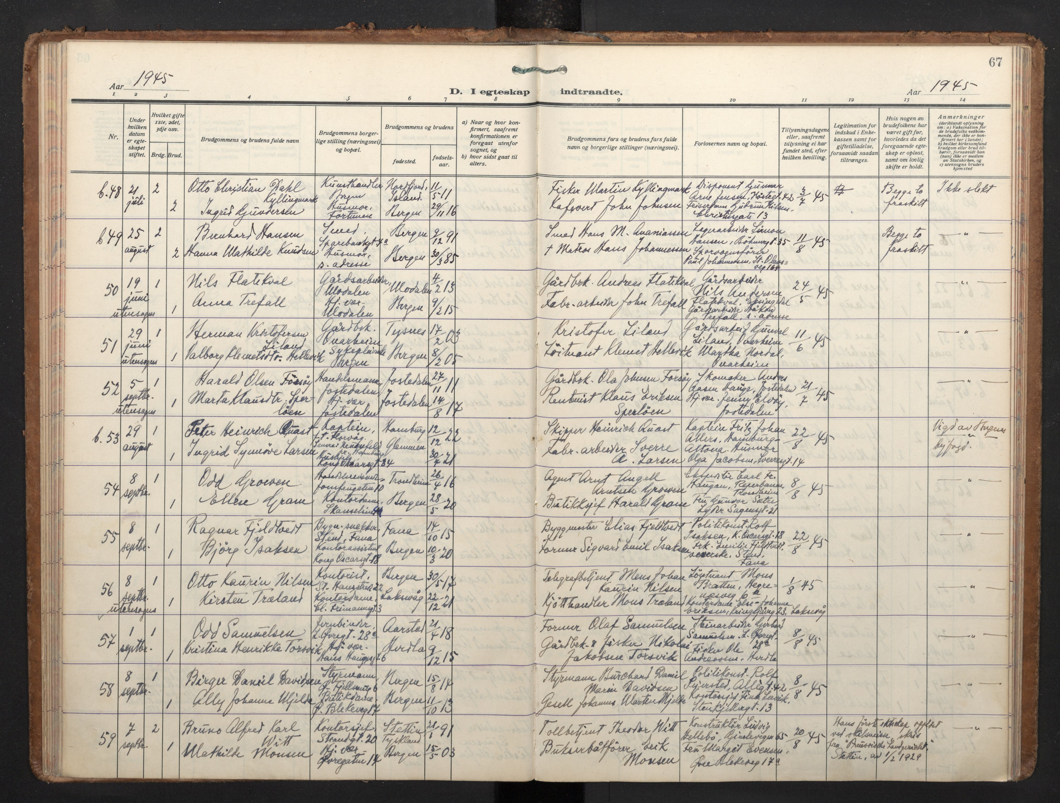 Korskirken sokneprestembete, AV/SAB-A-76101/H/Haa/L0040: Parish register (official) no. D 7, 1938-1952, p. 66b-67a