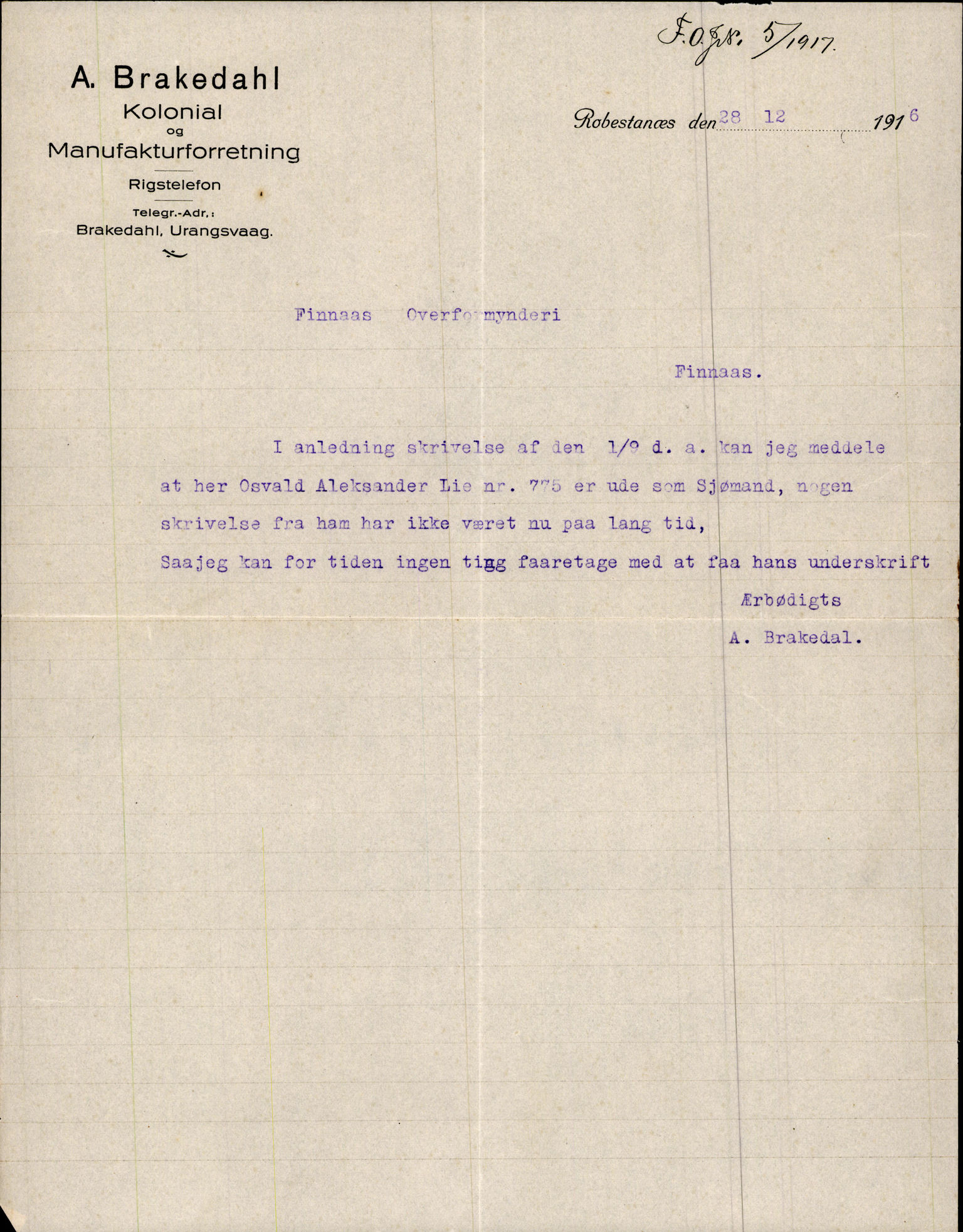 Finnaas kommune. Overformynderiet, IKAH/1218a-812/D/Da/Daa/L0003/0002: Kronologisk ordna korrespondanse / Kronologisk ordna korrespondanse, 1917-1919, p. 1